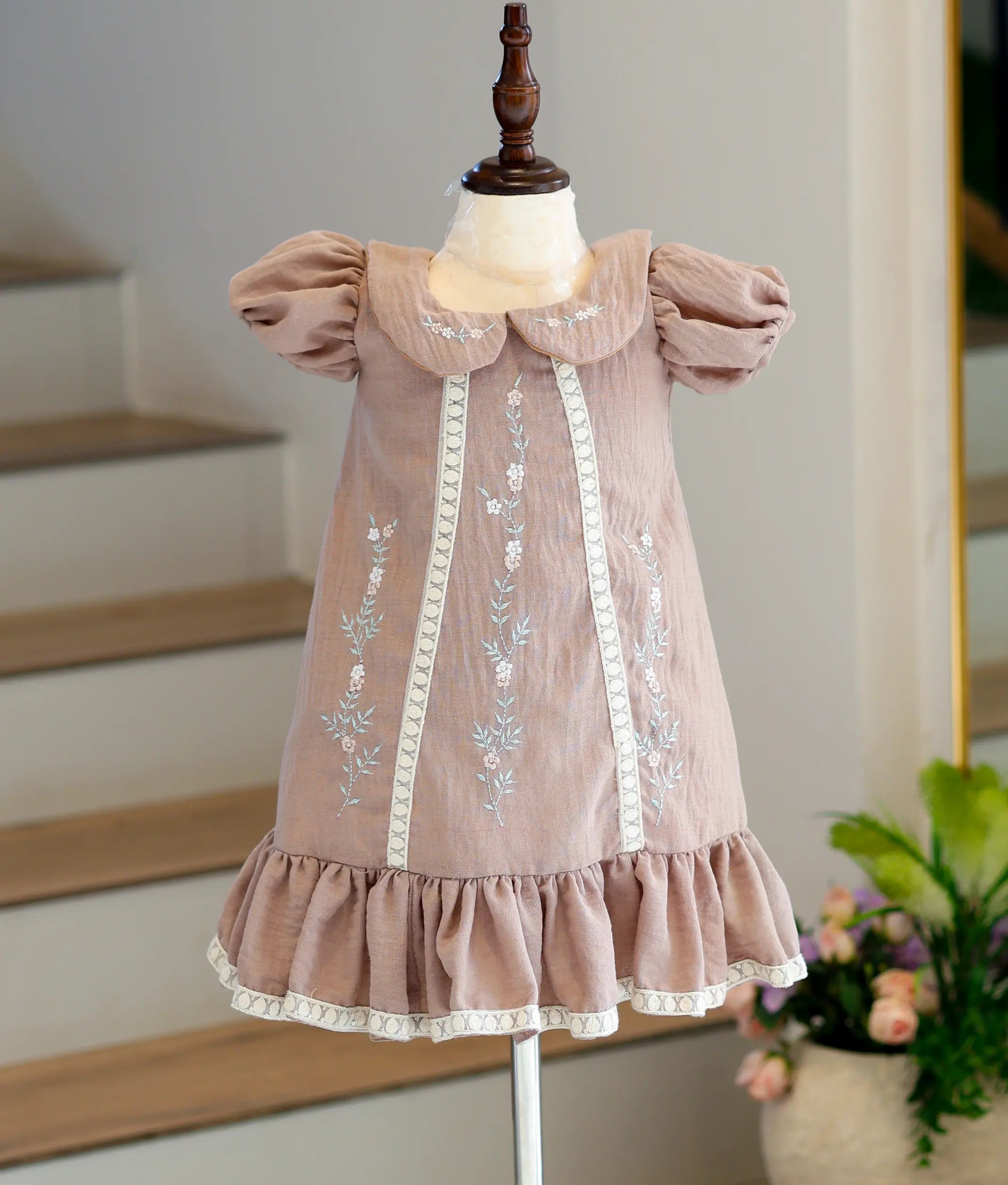 Muted Mauve Linen Embroidered A-Line Frock for Baby Girl [6224]