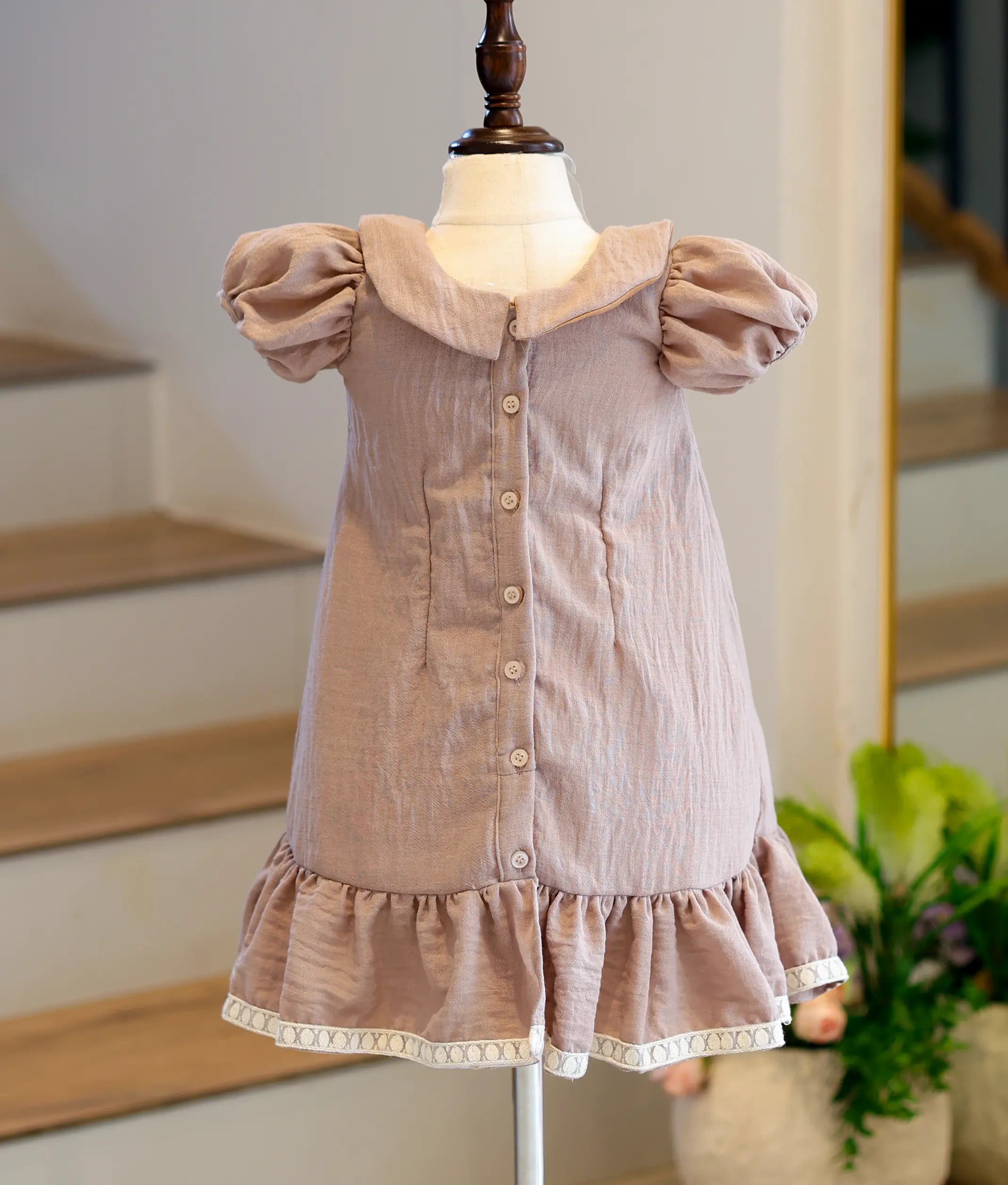 Muted Mauve Linen Embroidered A-Line Frock for Baby Girl [6224]