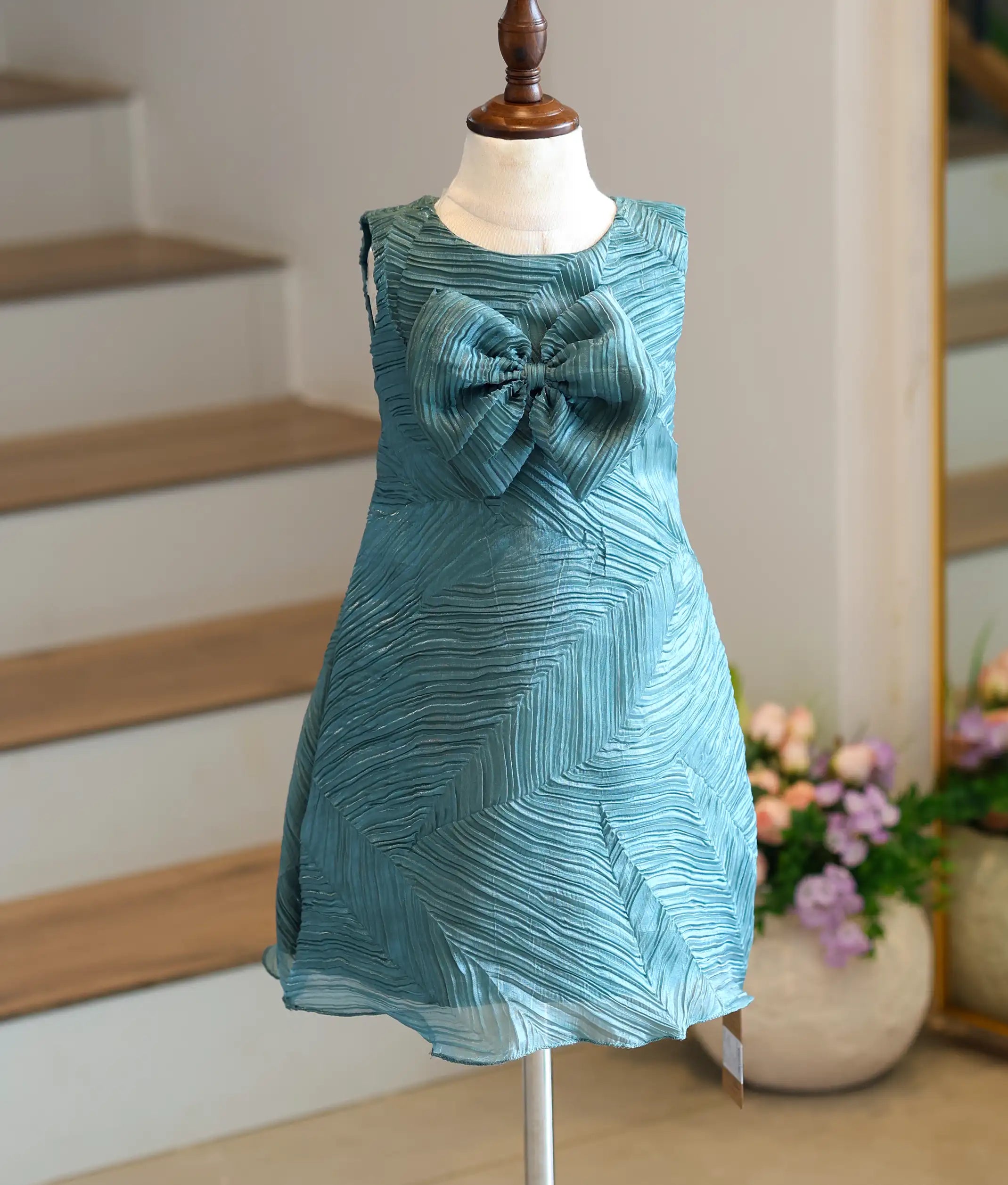 Bottle Green Tuck Organza Textured A-Line Frock For Baby Girl [Ready To Ship: 6226]