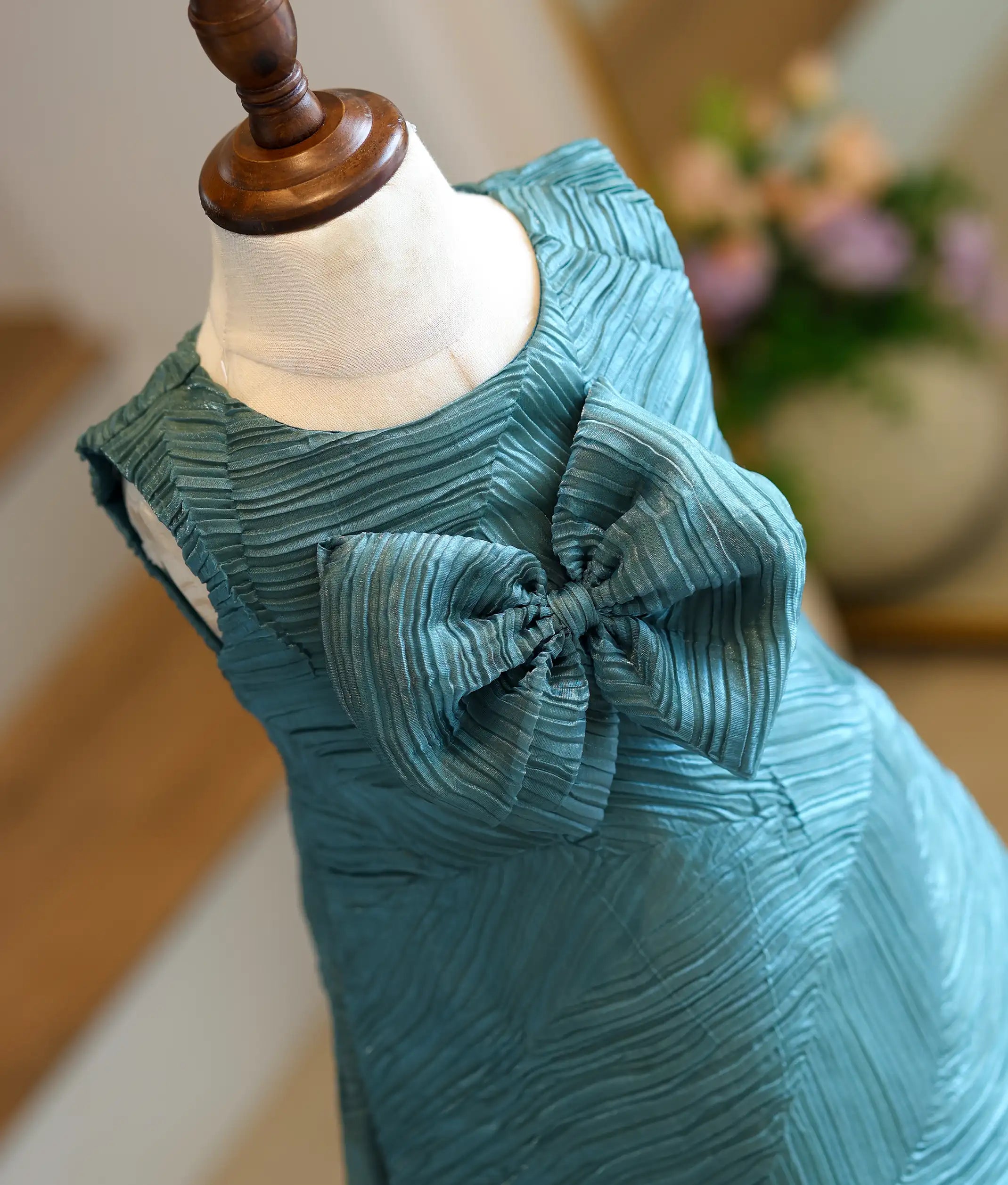 Bottle Green Tuck Organza Textured A-Line Frock For Baby Girl [Ready To Ship: 6226]