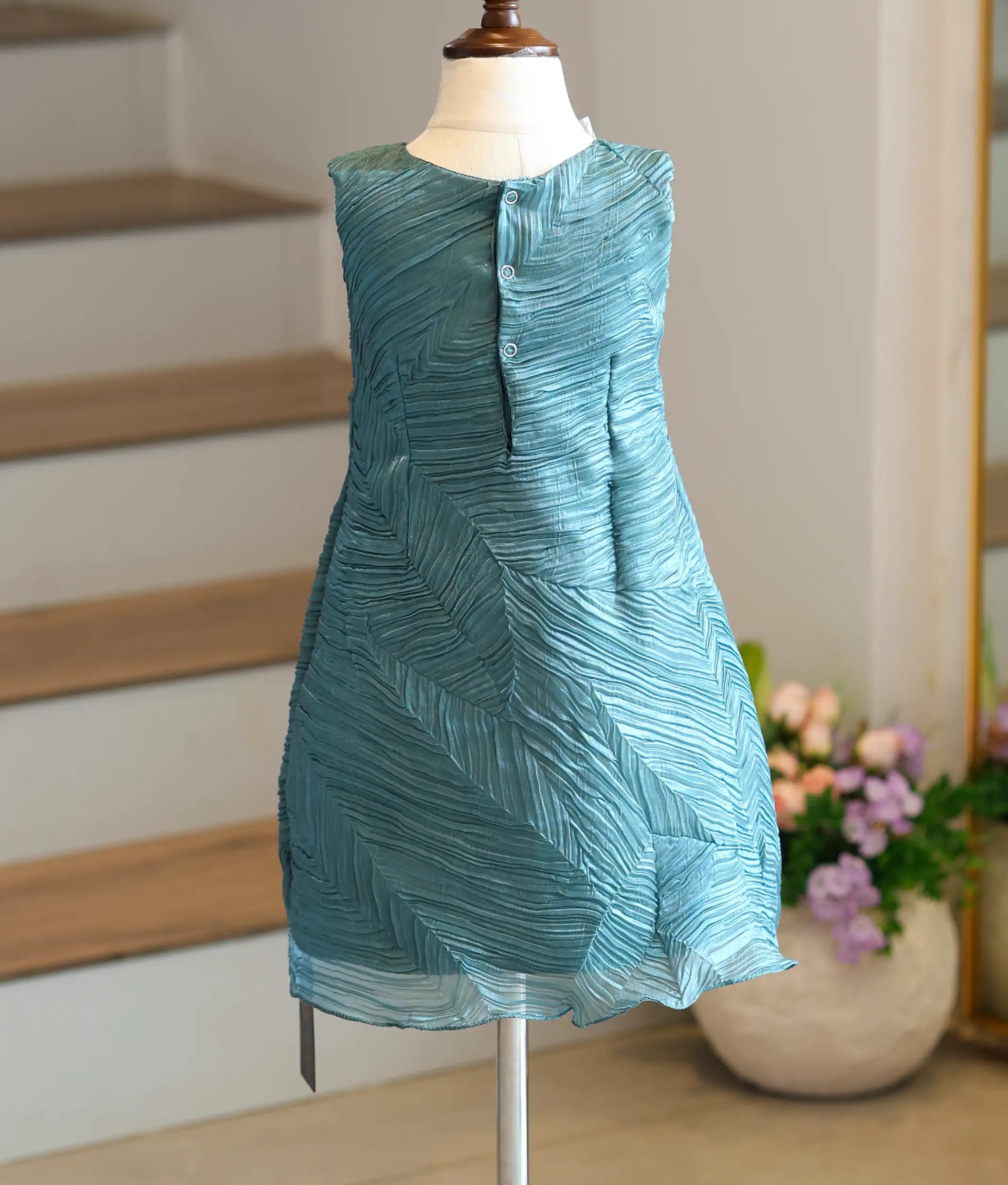 Bottle Green Tuck Organza Textured A-Line Frock For Baby Girl [6226]