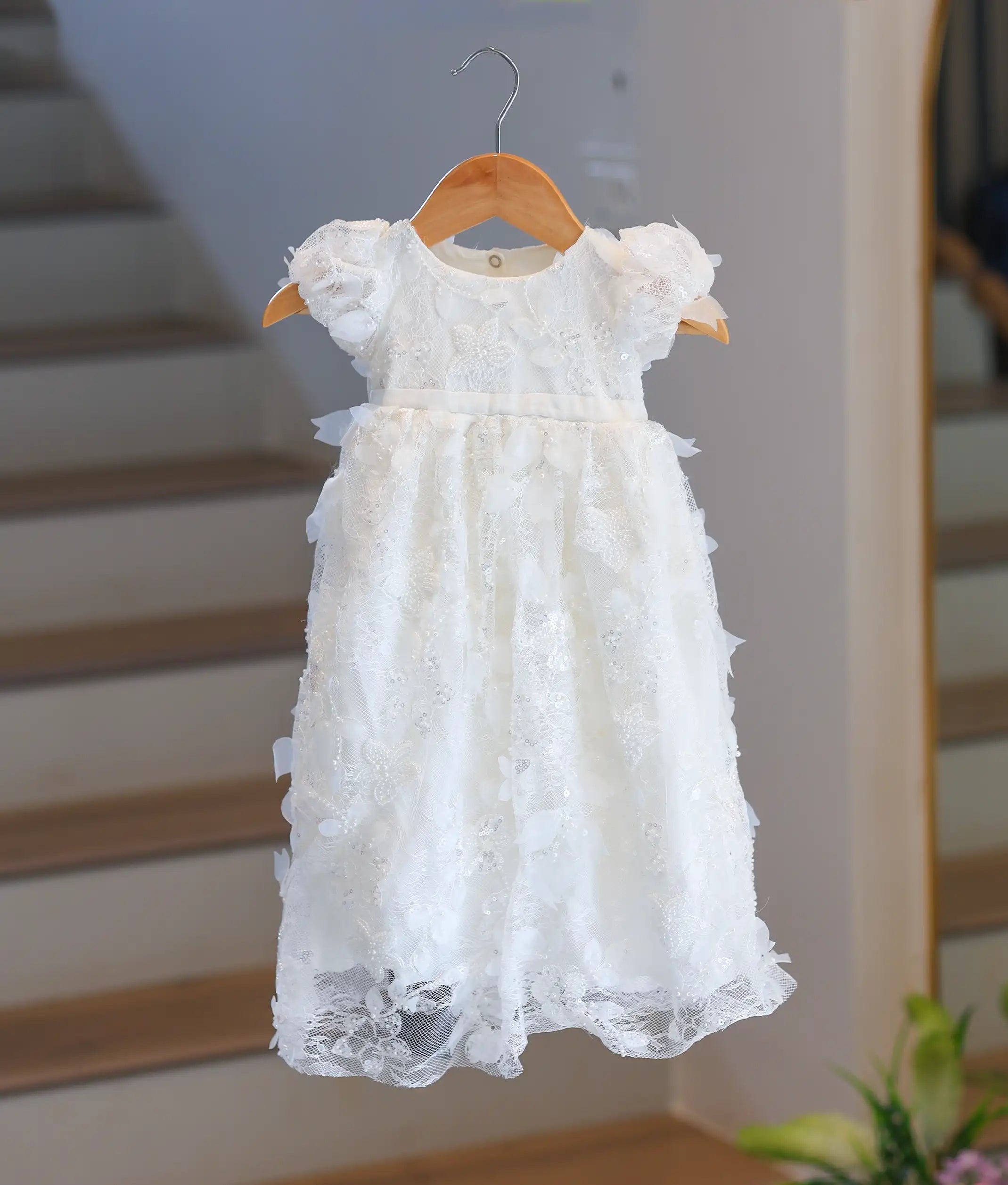 Off-White Embroidery Work Material Baptism Gown For Baby Girl [6230]
