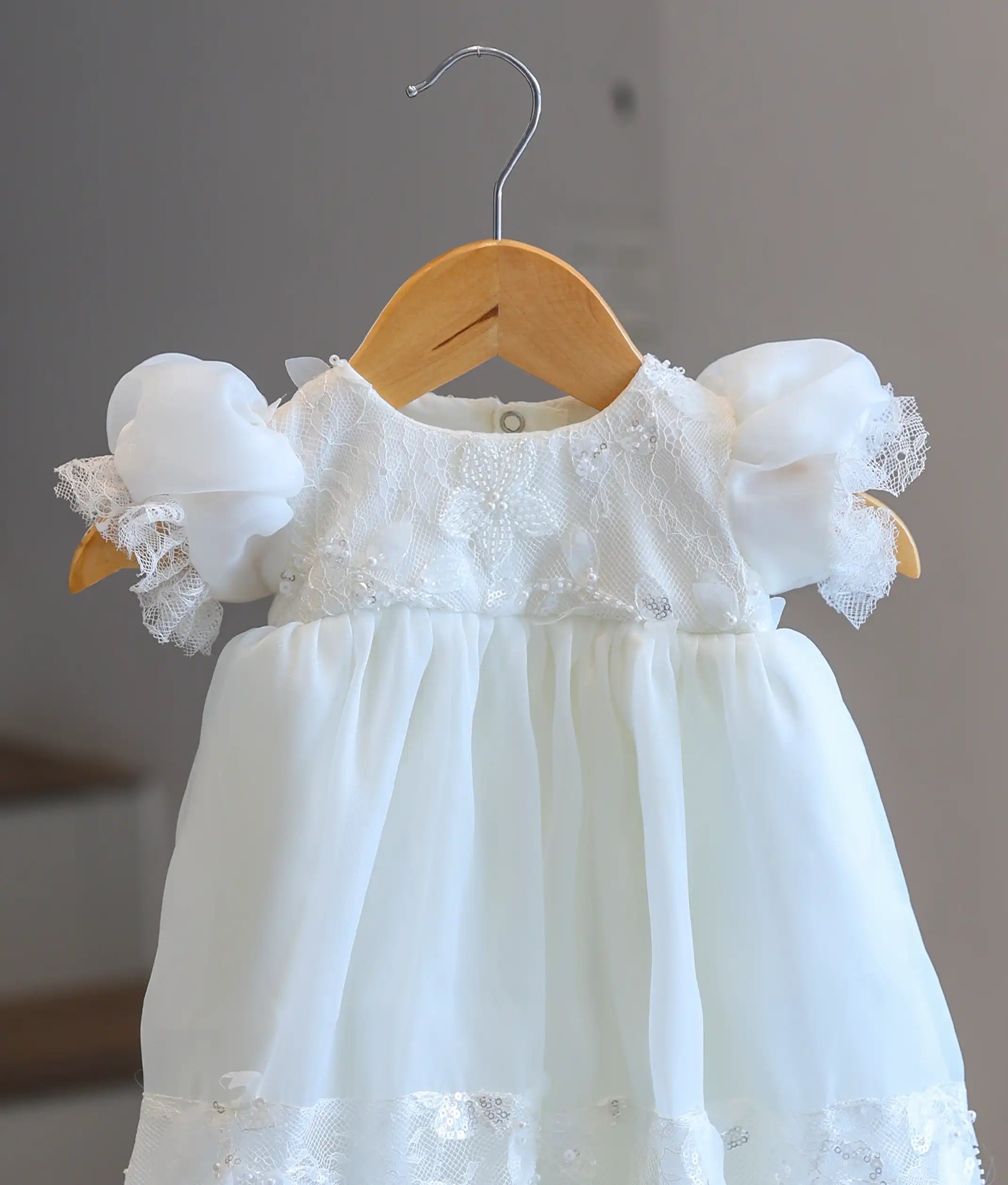 Off-White Plain Organza Baptism Gown For Baby Girl [Ready To Ship: 6231]
