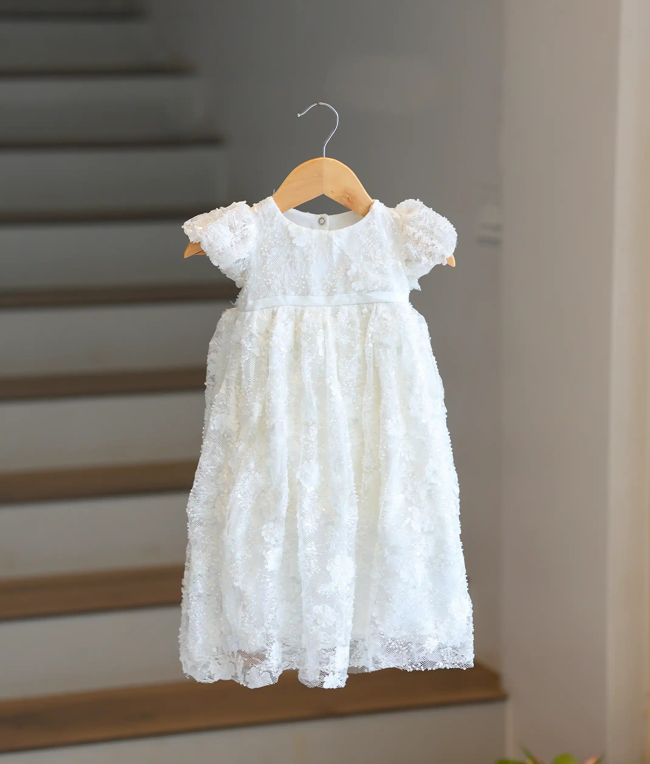 Off-White Embroidery Work Material Baptism Gown for Baby Girl [6232]