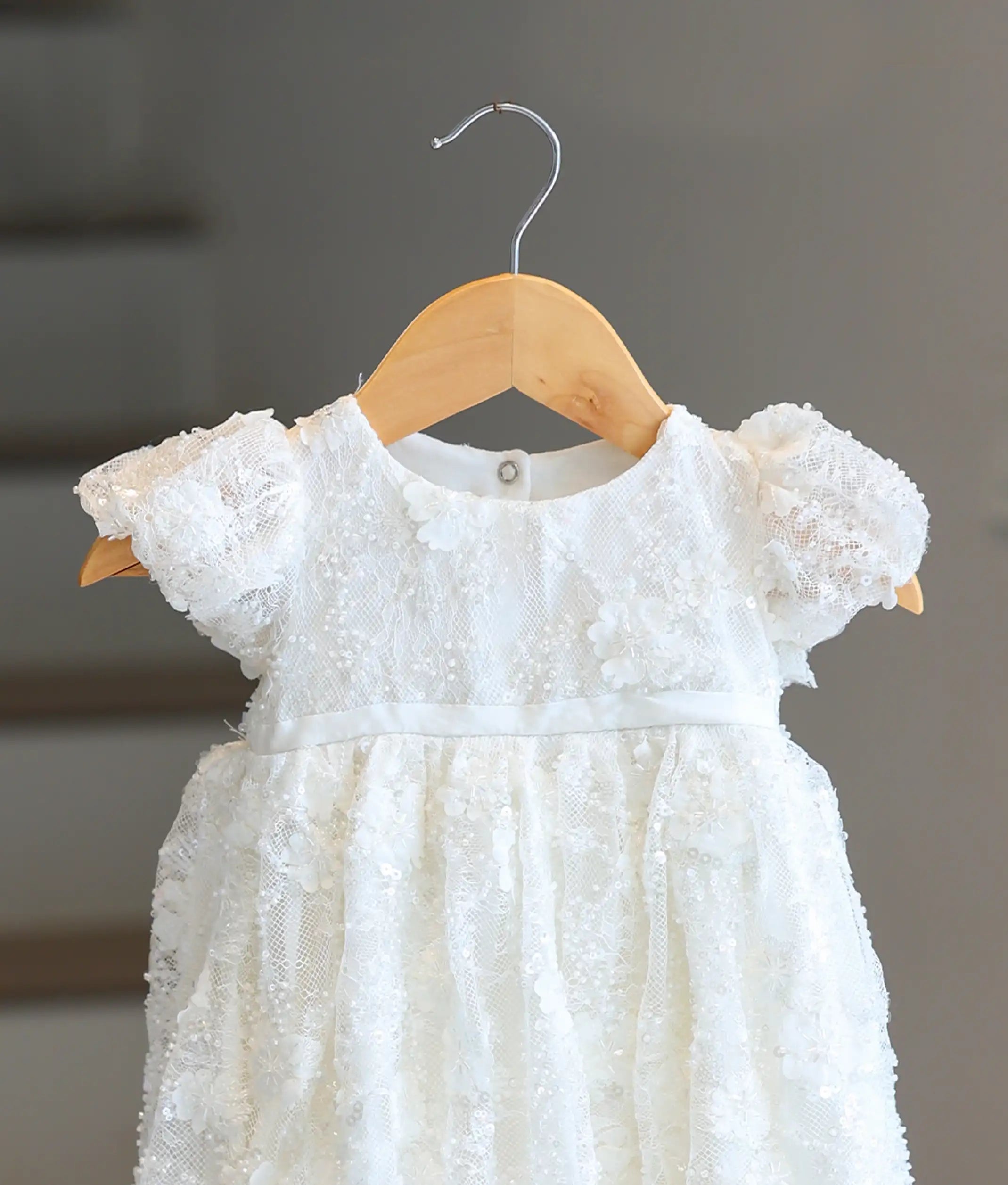 Off-White Embroidery Work Material Baptism Gown for Baby Girl [6232]