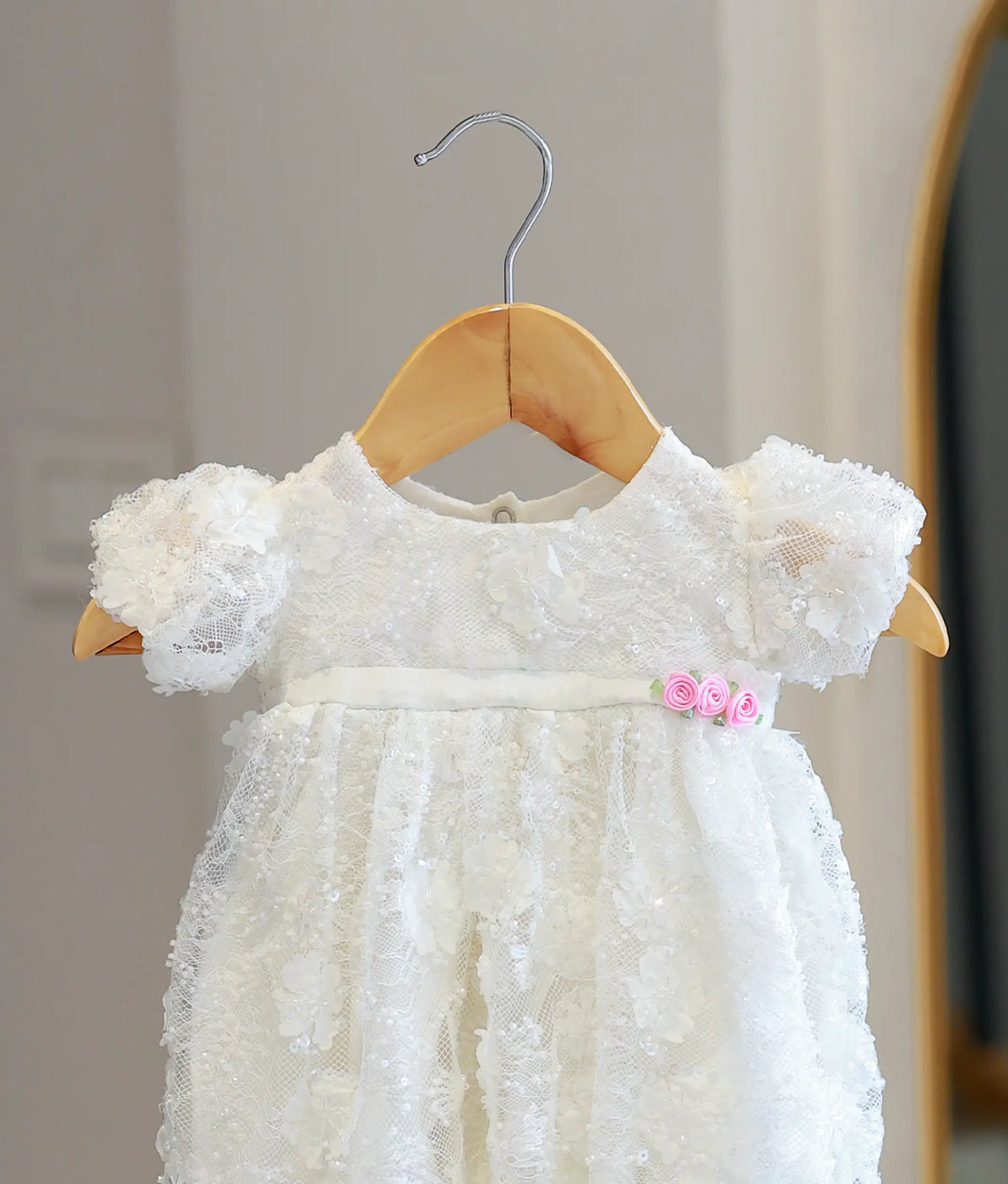 Off-White Embroidery Work Material Baptism Gown for Baby Girl [6232]