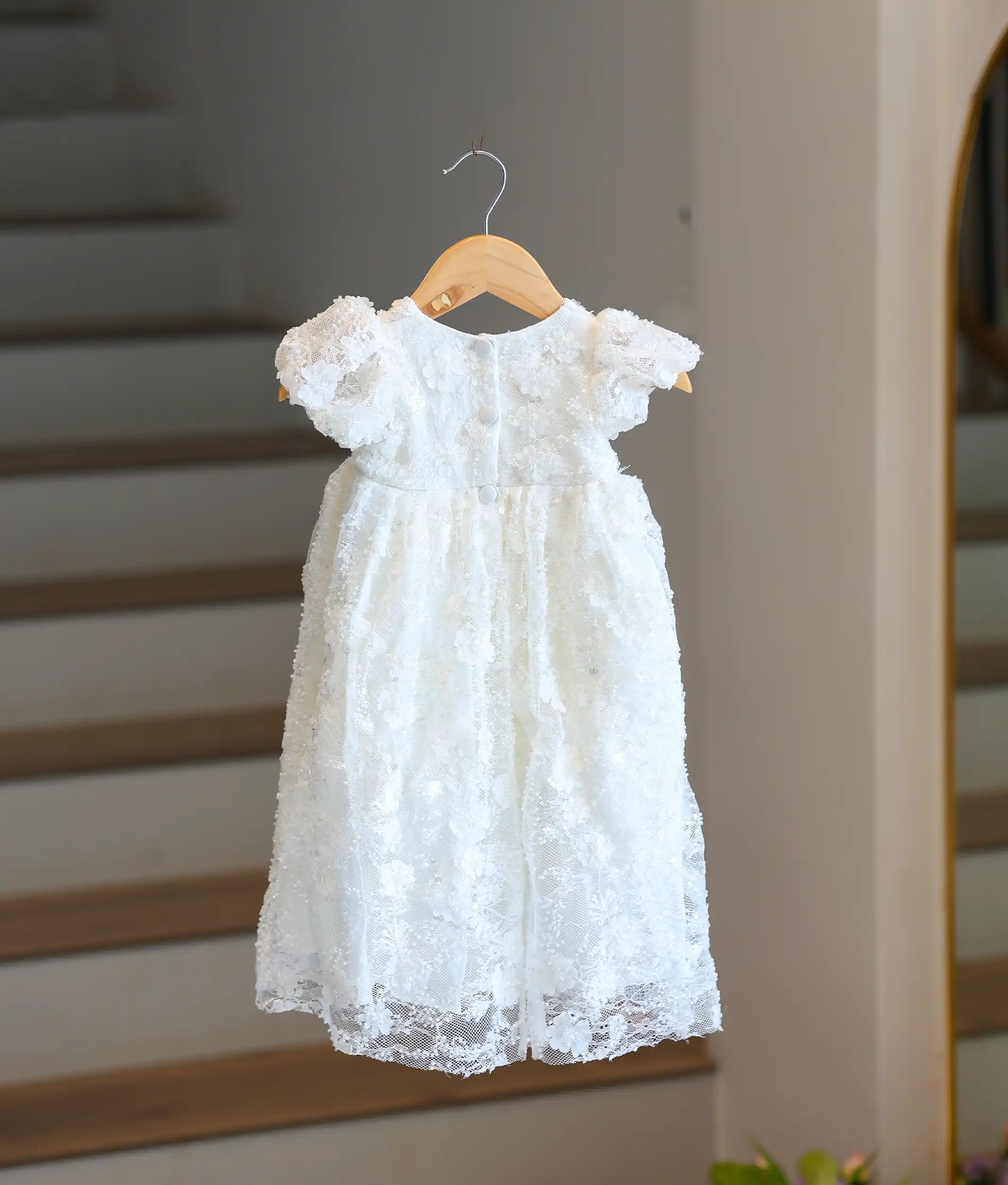 Off-White Embroidery Work Material Baptism Gown for Baby Girl [6232]