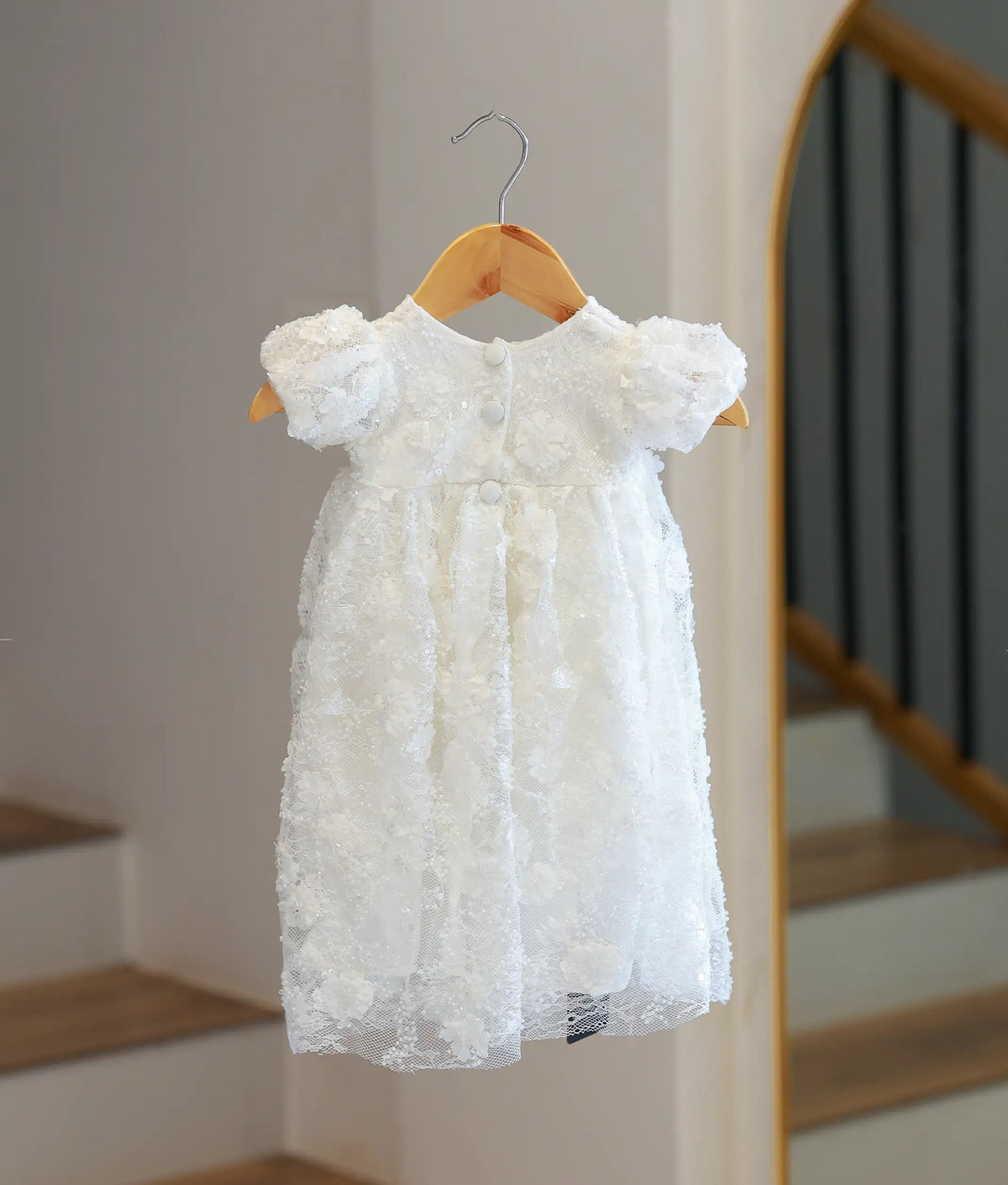 Off-White Embroidery Work Material Baptism Gown for Baby Girl [6232]