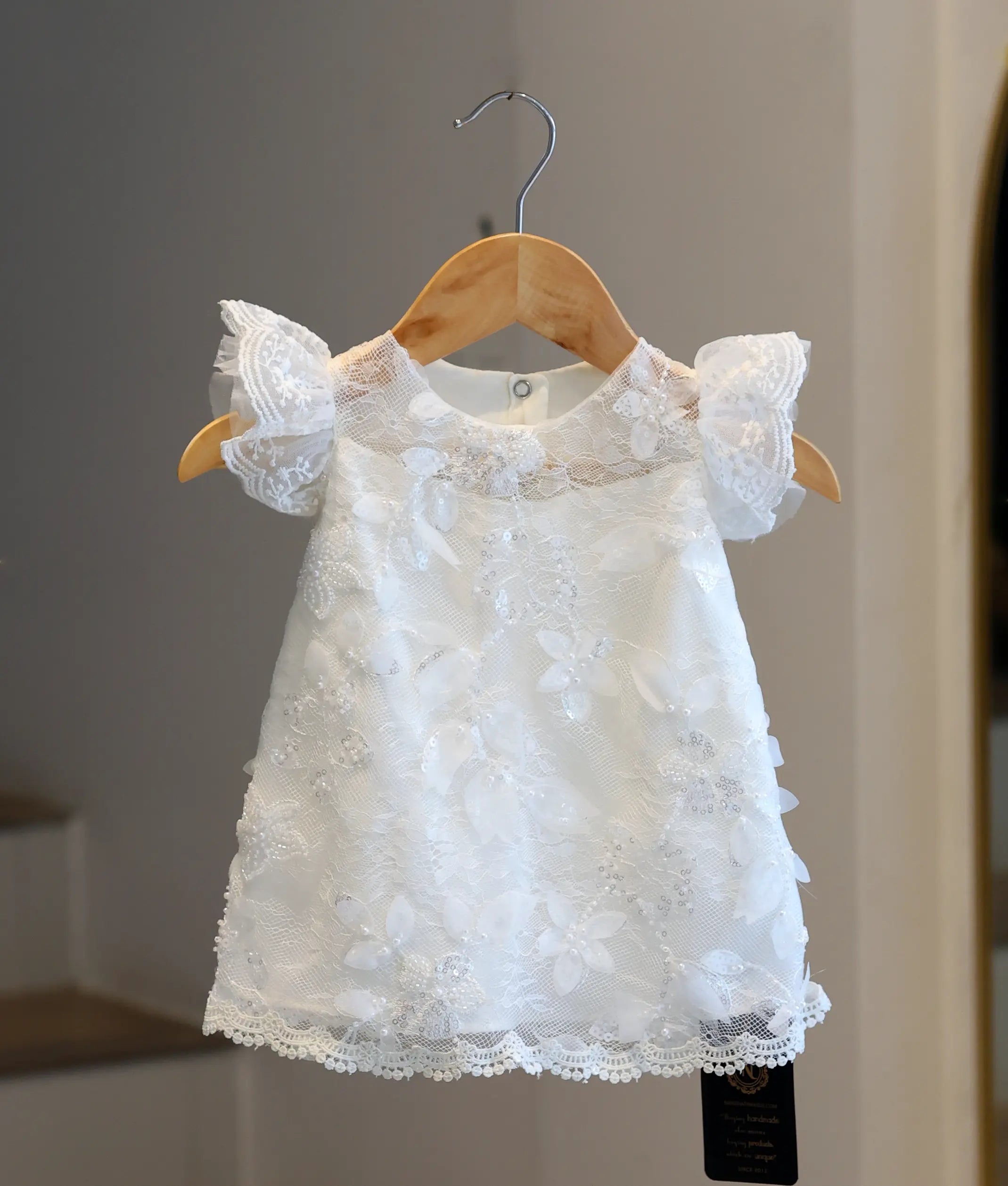 Off-White Embroidery Work Material Baptism Frock For Baby Girl [6235]