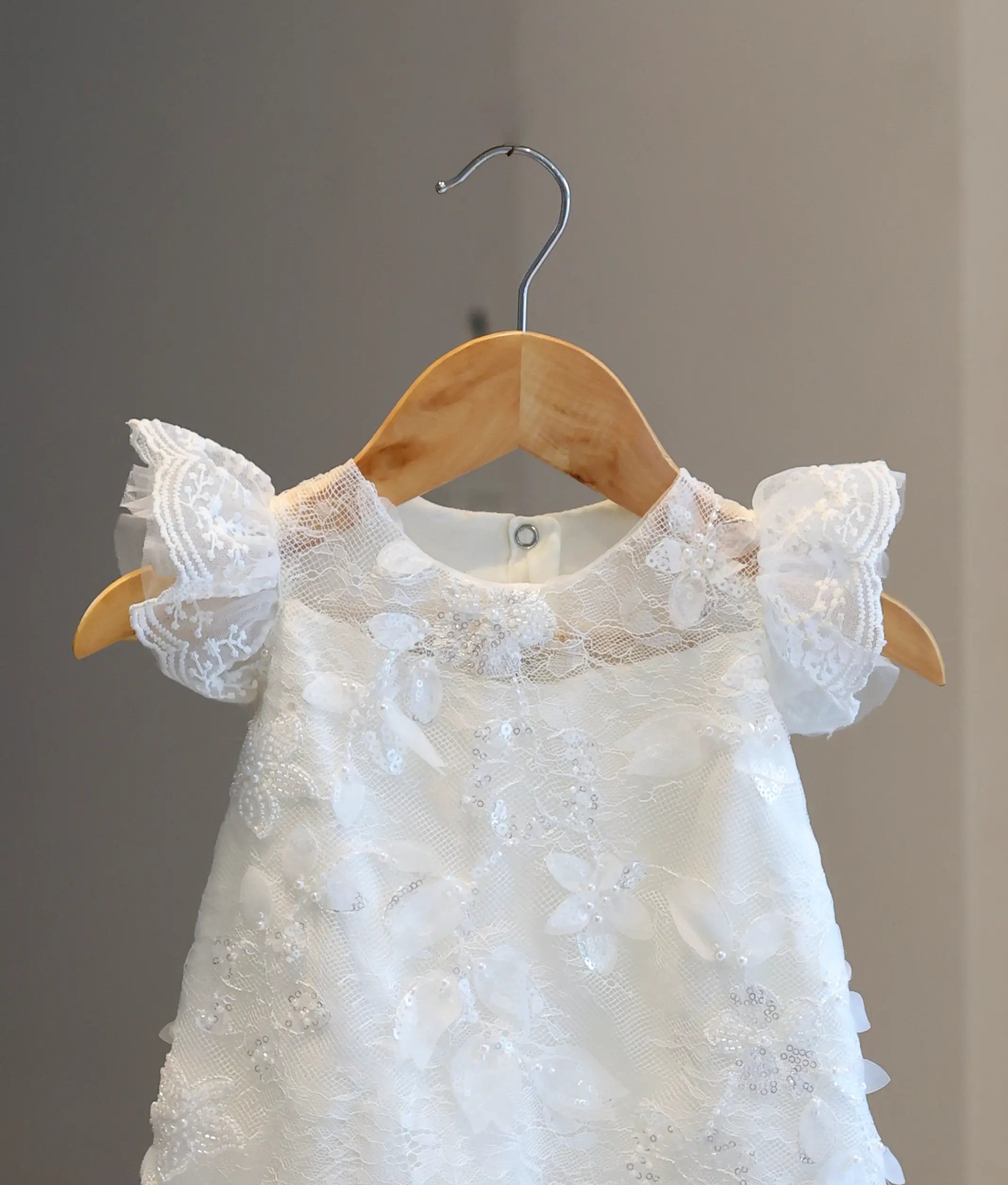Off-White Embroidery Work Material Baptism Frock For Baby Girl [6235]