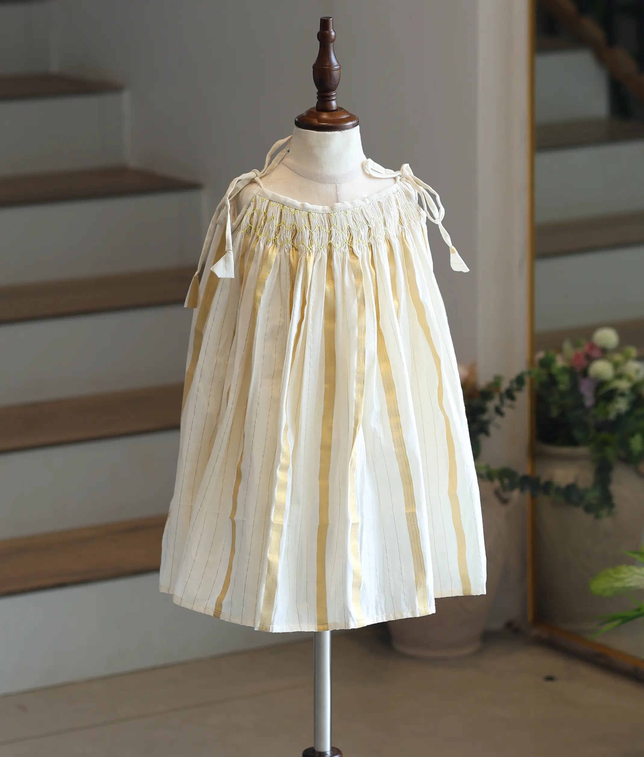 Off-white Striped Cotton Frock for Baby Girls [6237]