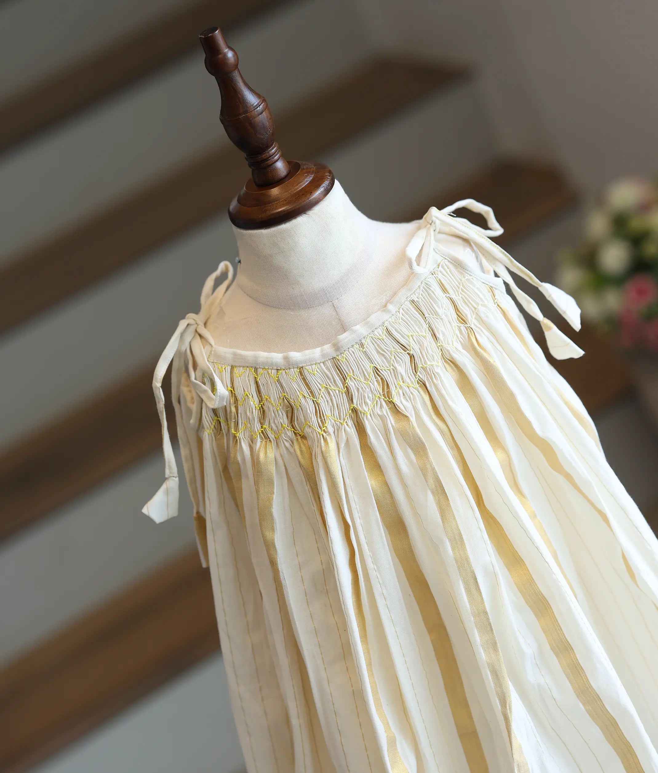 Off-white Striped Cotton Frock for Baby Girls [6237]