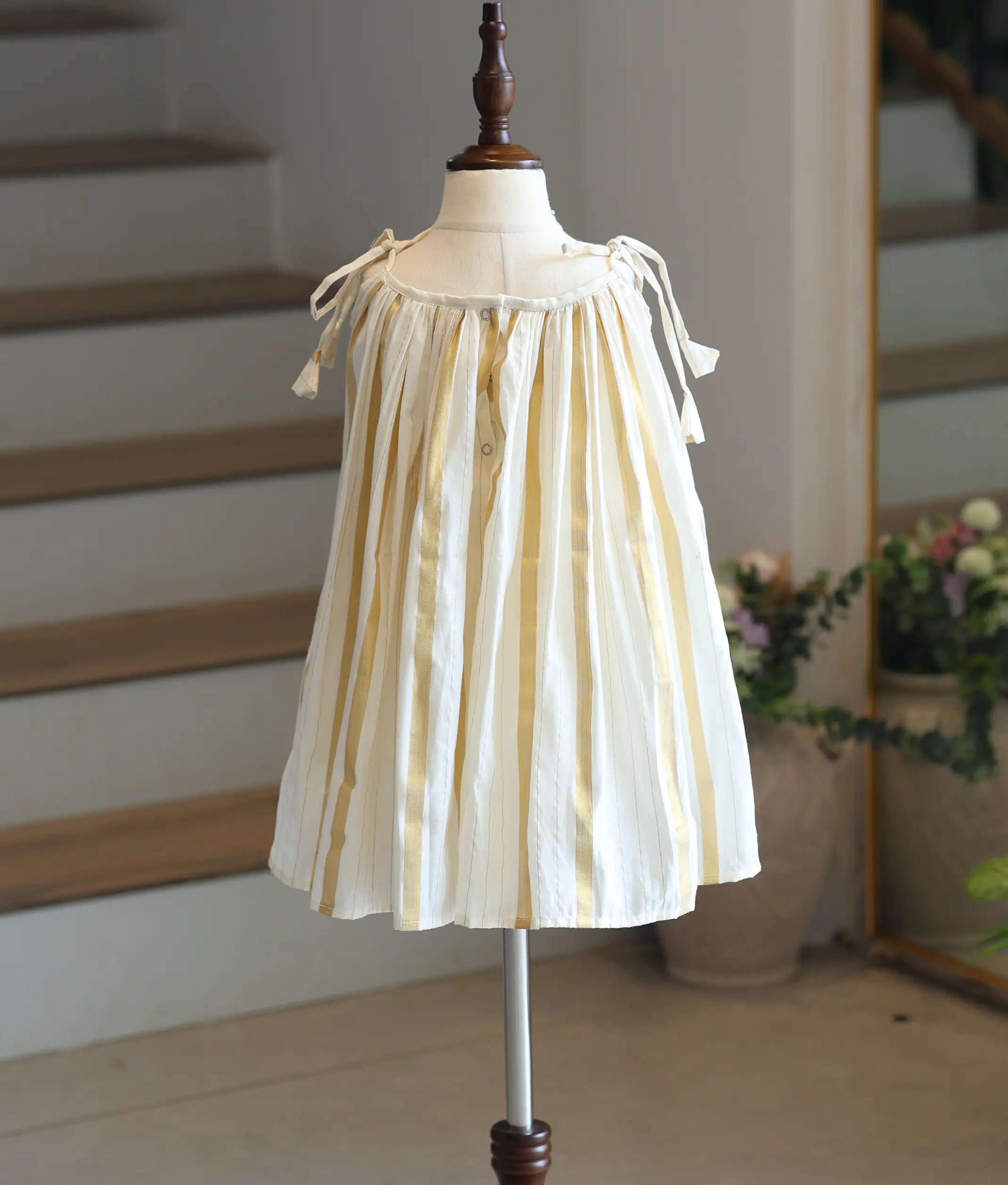 Off-white Striped Cotton Frock for Baby Girls [6237]