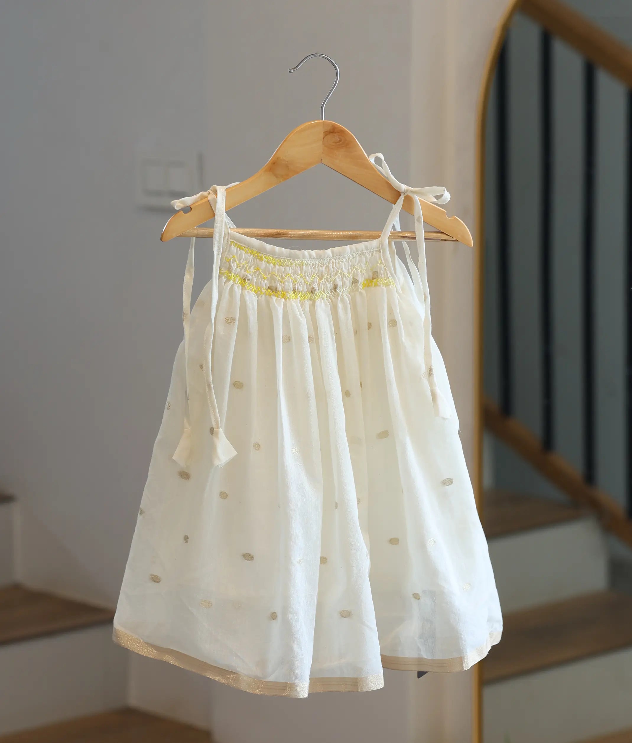 Off-white Golden Motifs Cotton Frock for Baby Girls [6239]