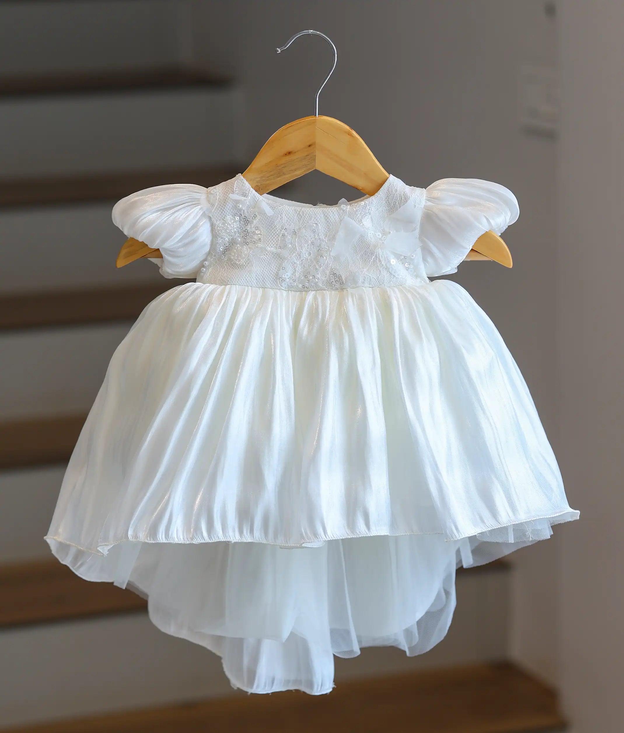 Off-White Laser Organza High-Low Baptism Frock For Baby Girl [Ready To Ship: 6245]