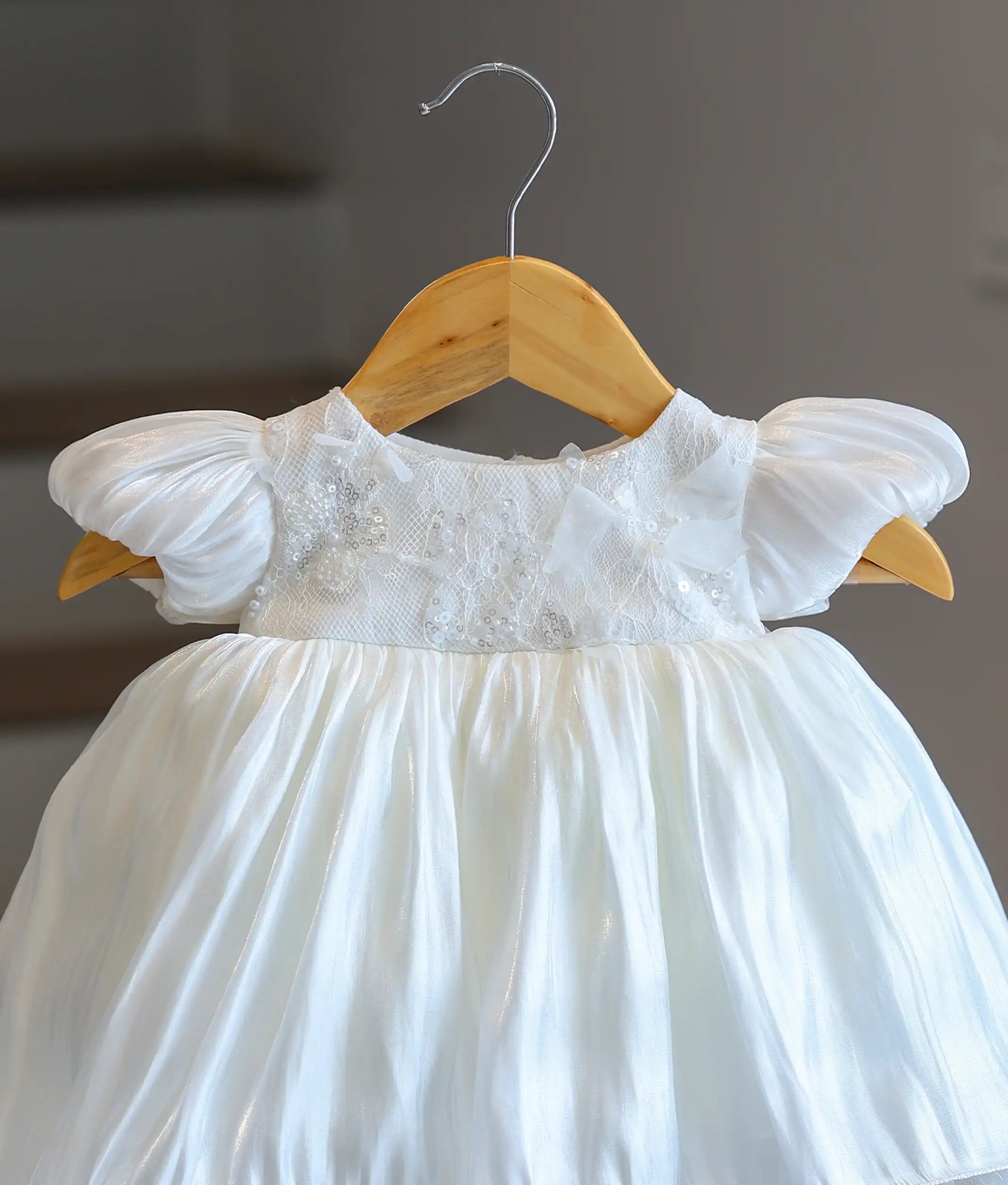 Off-White Laser Organza High-Low Baptism Frock For Baby Girl [Ready To Ship: 6245]