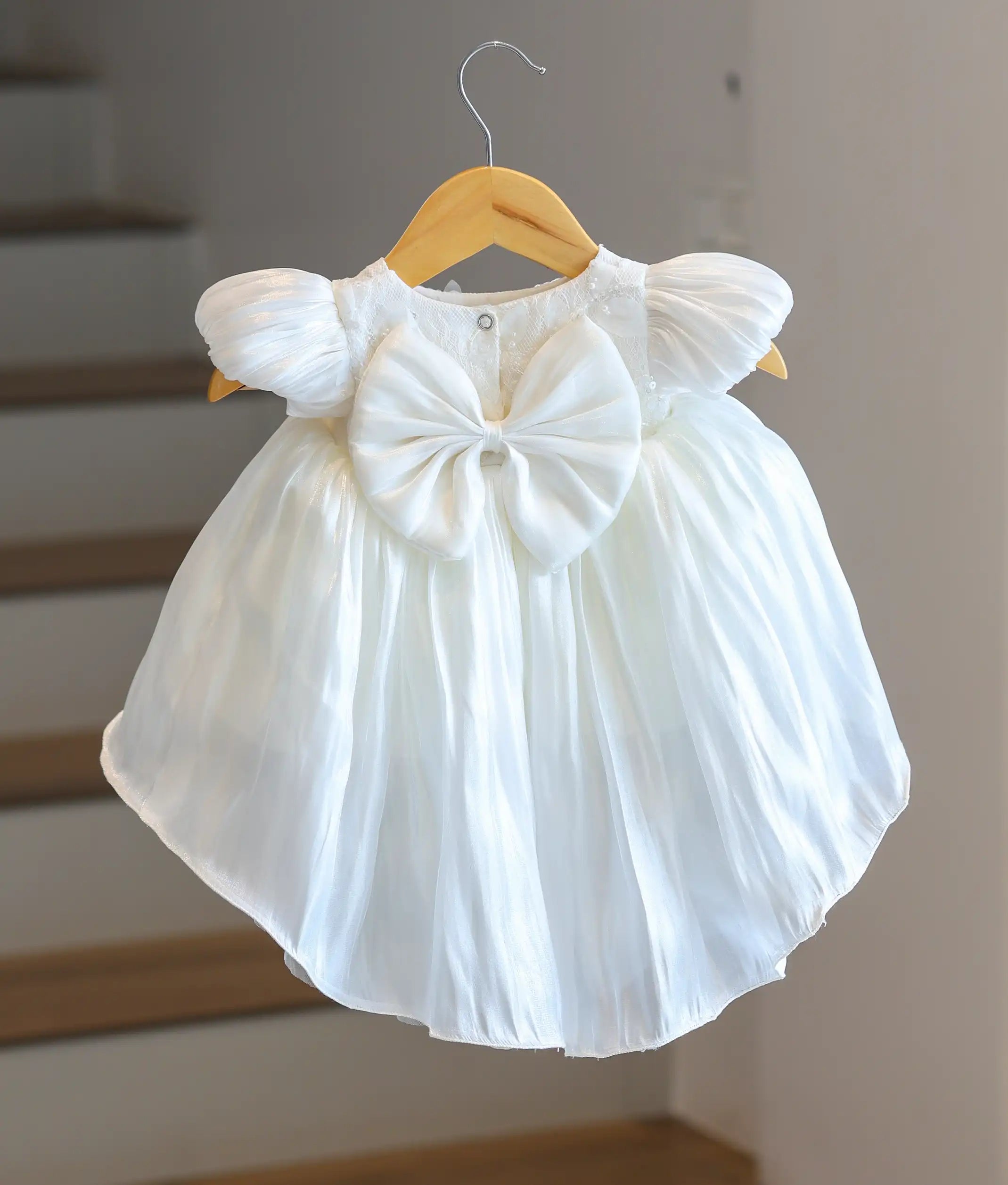 Off-White Laser Organza High-Low Baptism Frock For Baby Girl [Ready To Ship: 6245]