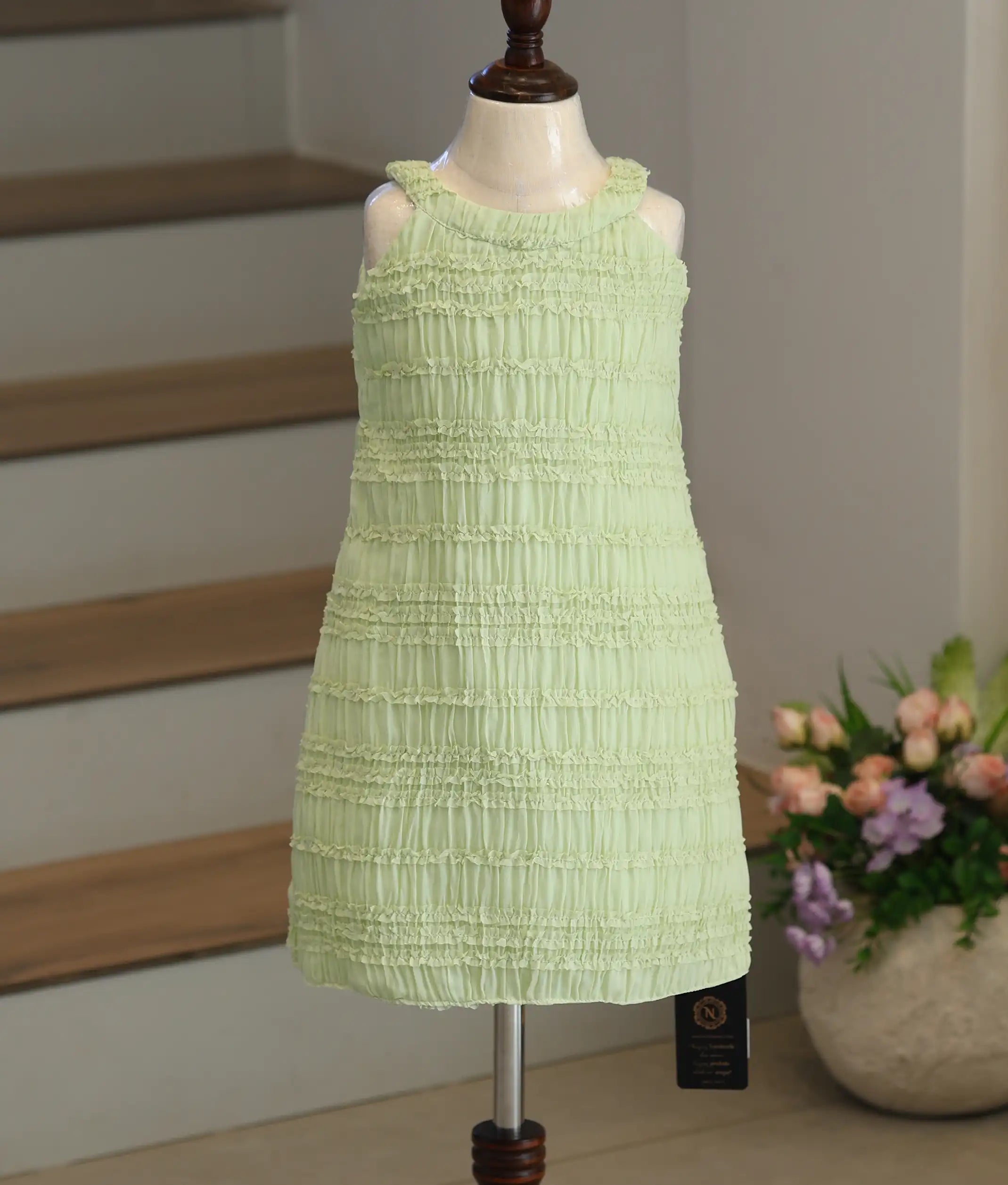 Pista Green Work Material Textured A-Line Frock For Baby Girl [6246]