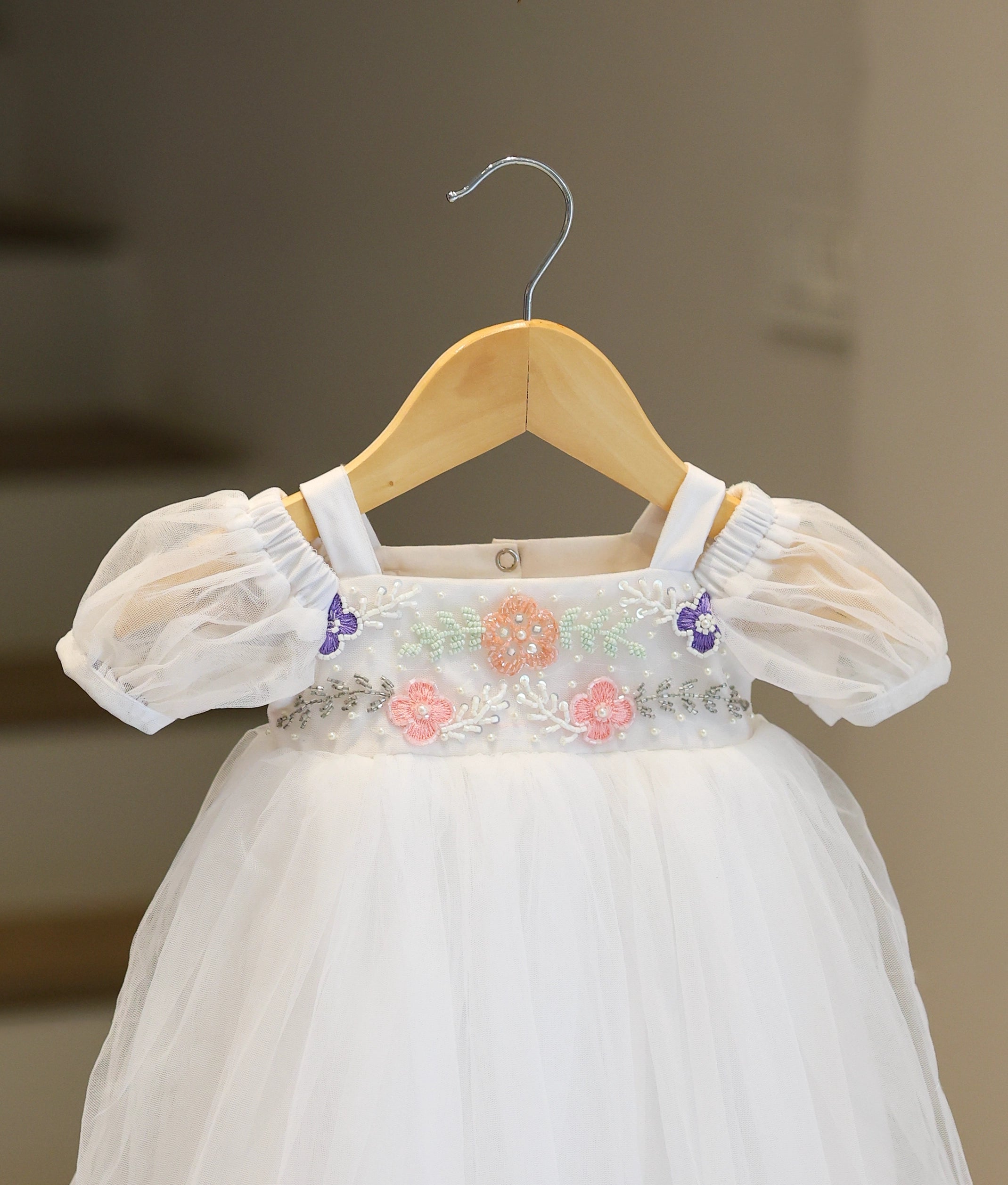 Off-White Tulle Net Handworked Baptism Frock For Baby Girl [Ready To Ship: 6256]