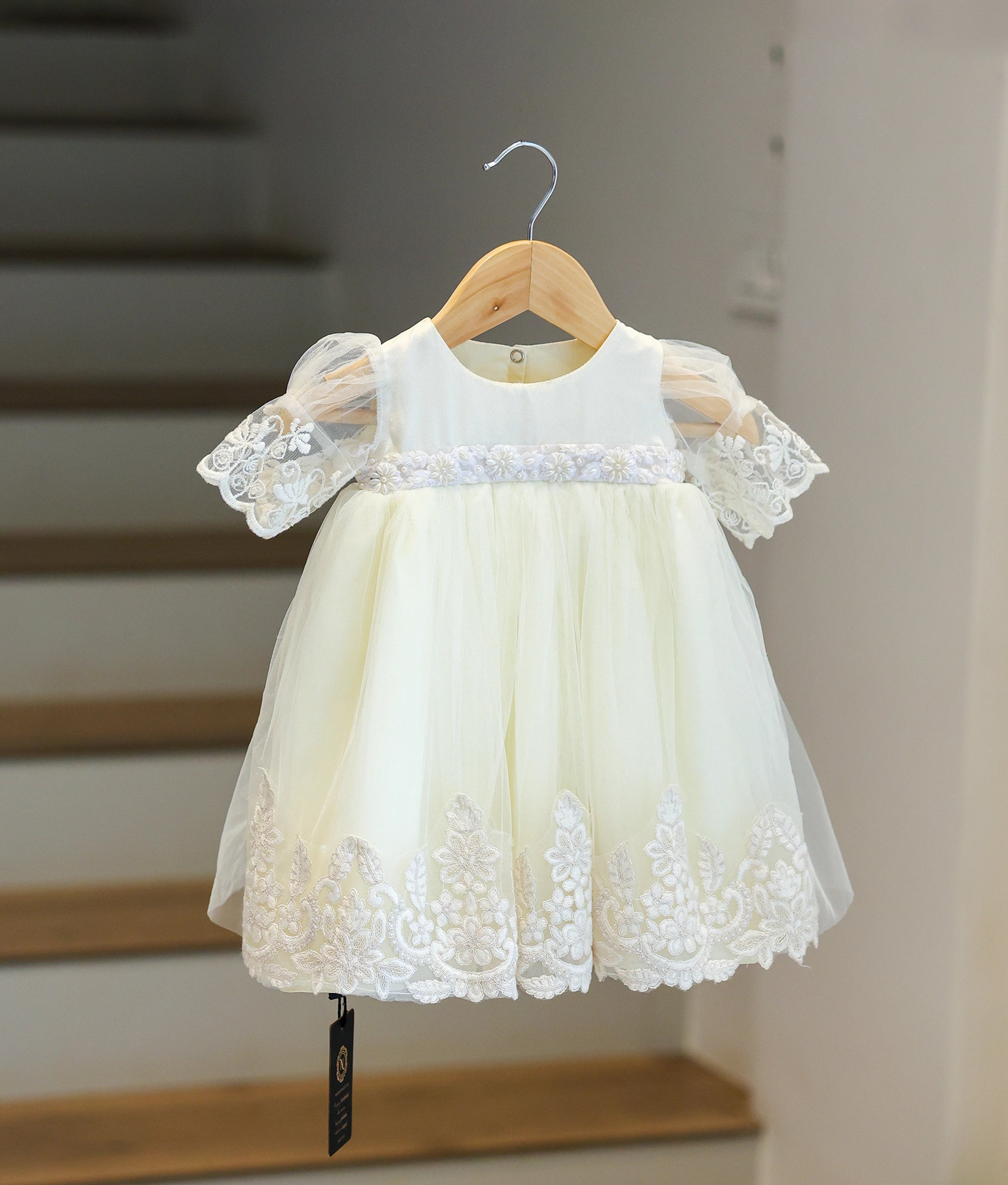 Off-White Tulle Net Handworked Baptism Gown For Baby Girl [Ready To Ship: 6258]