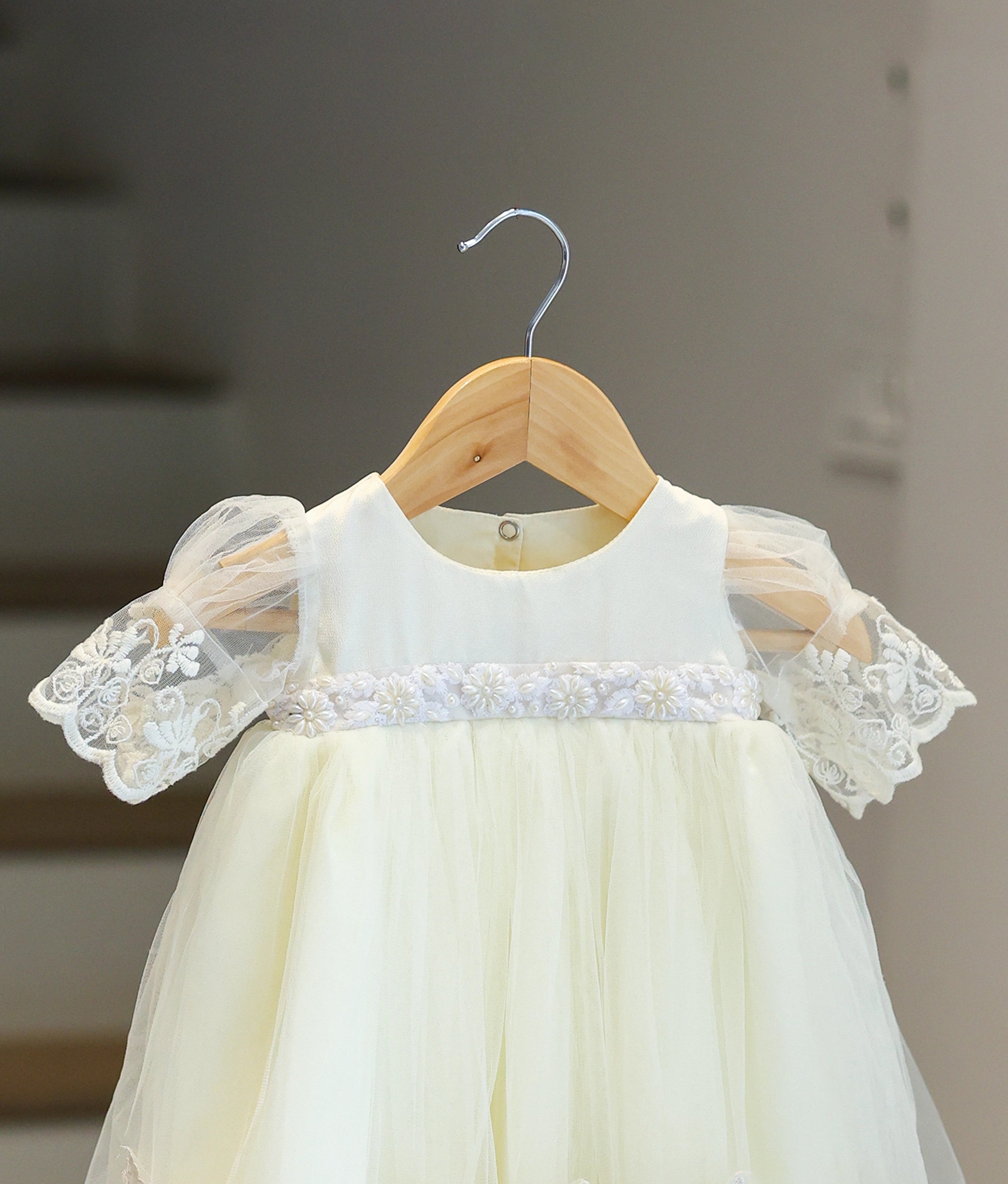 Off-White Tulle Net Handworked Baptism Gown For Baby Girl [Ready To Ship: 6258]