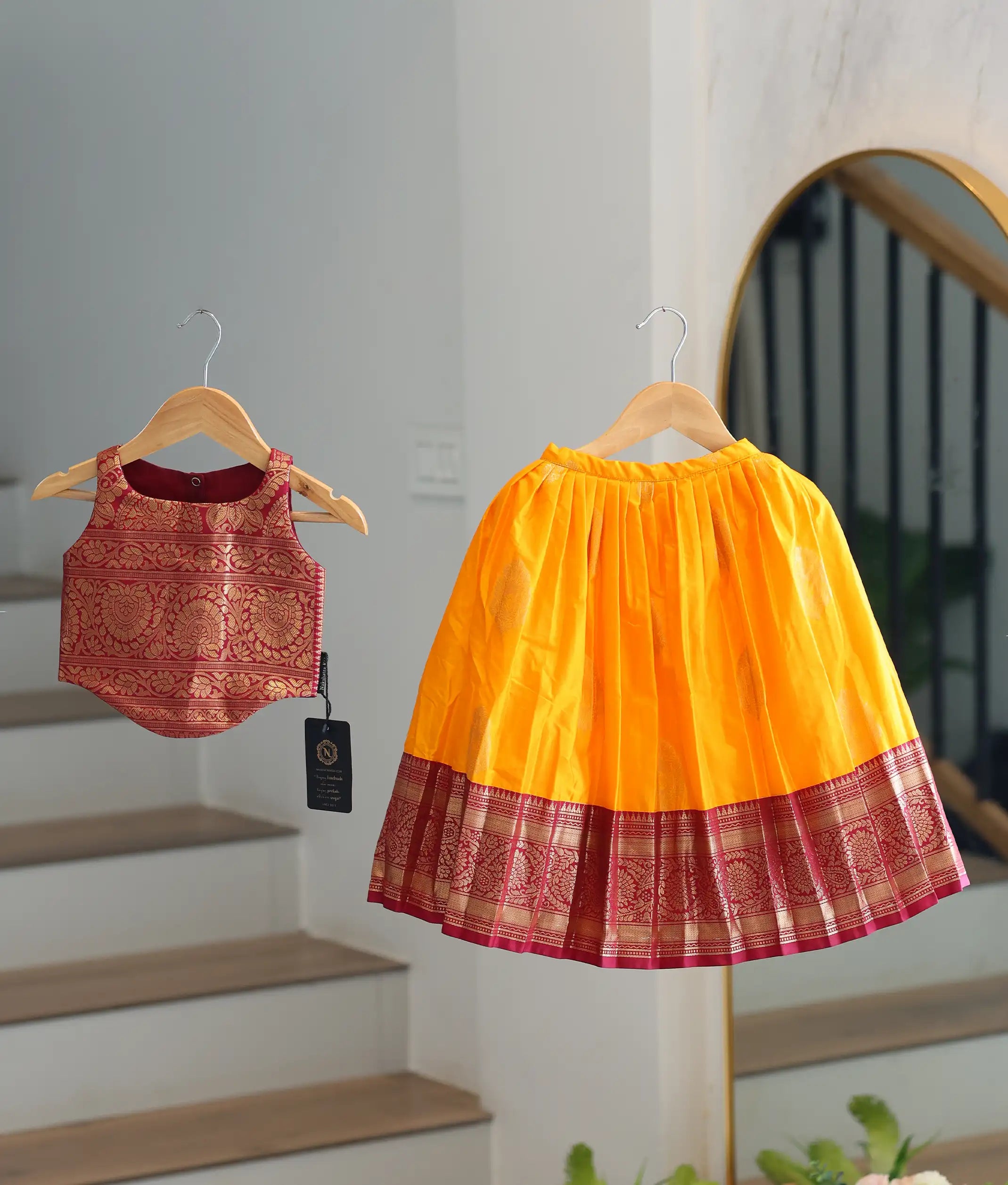 Yellow and Maroon Kanchipuram Silk Skirt and Top for Baby Girl [6265]