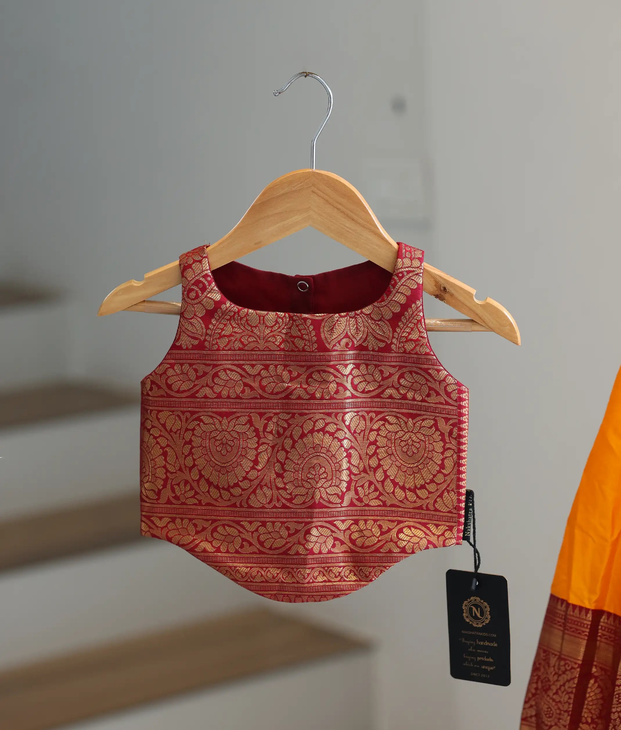 Yellow and Maroon Kanchipuram Silk Skirt and Top for Baby Girl [6265]