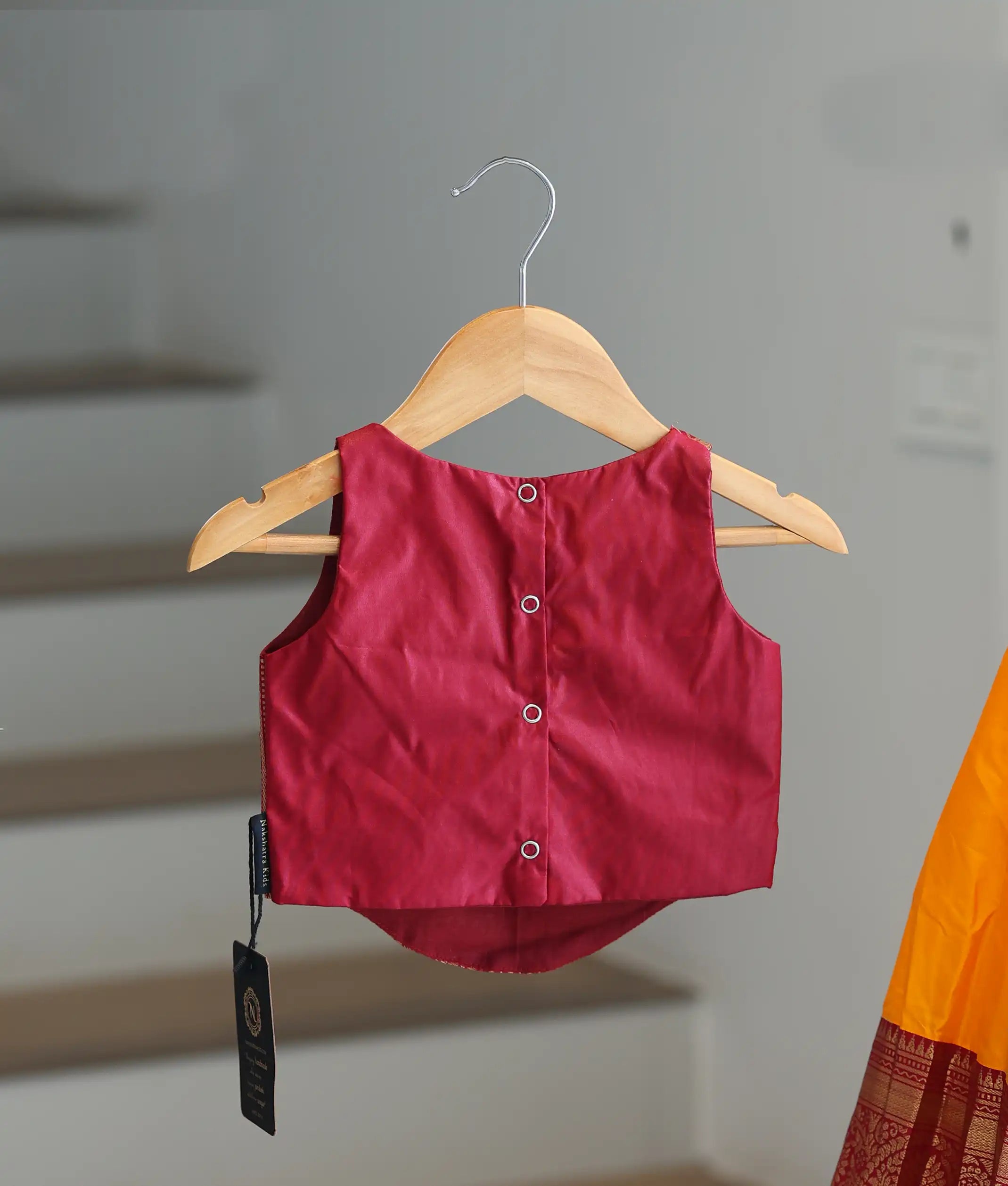 Yellow and Maroon Kanchipuram Silk Skirt and Top for Baby Girl [6265]