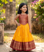 Yellow and Maroon Kanchipuram Silk Skirt and Top for Baby Girl [6265]