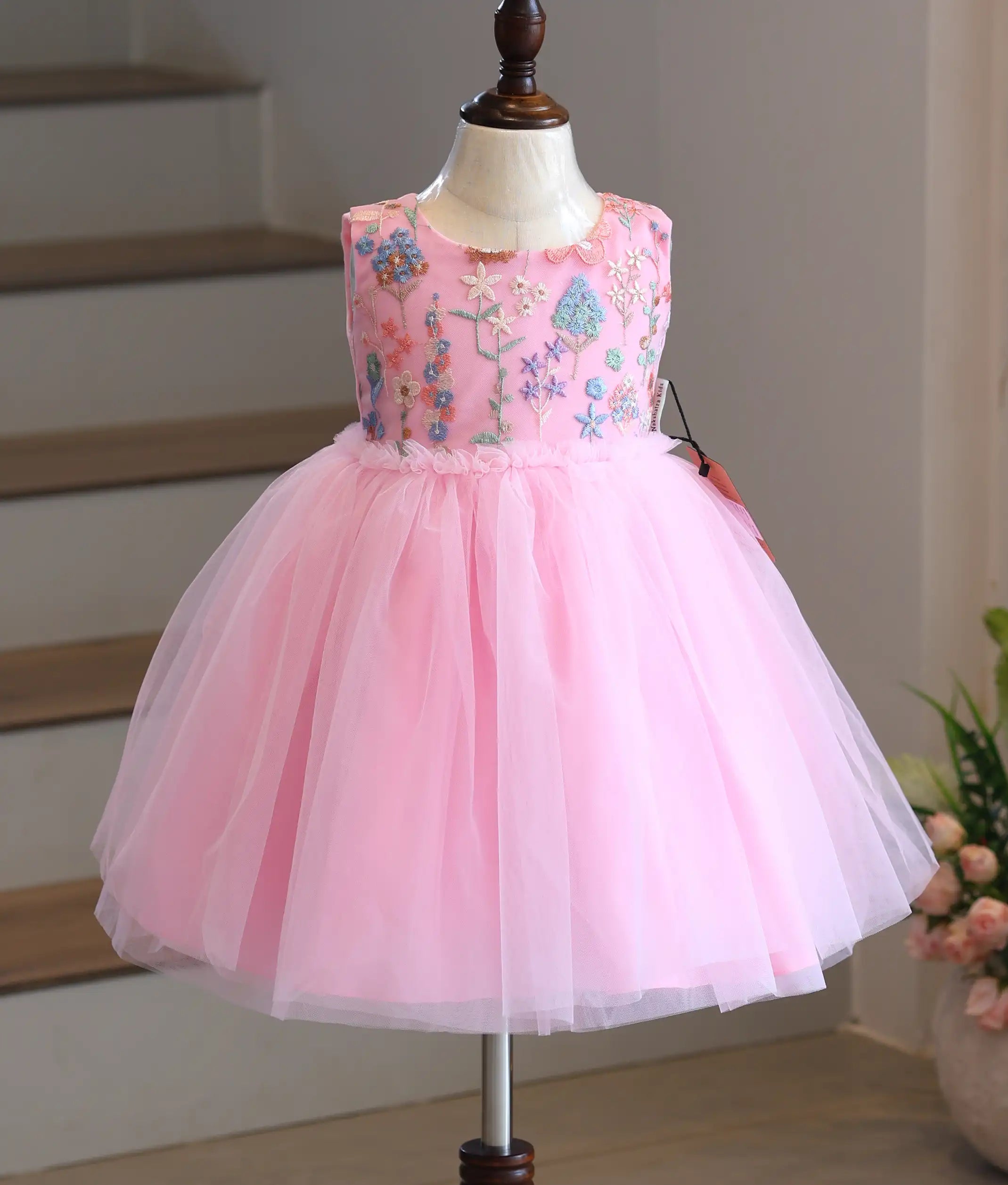 Baby Pink Floral Work Material Birthday Frock for Baby Girl [6268]