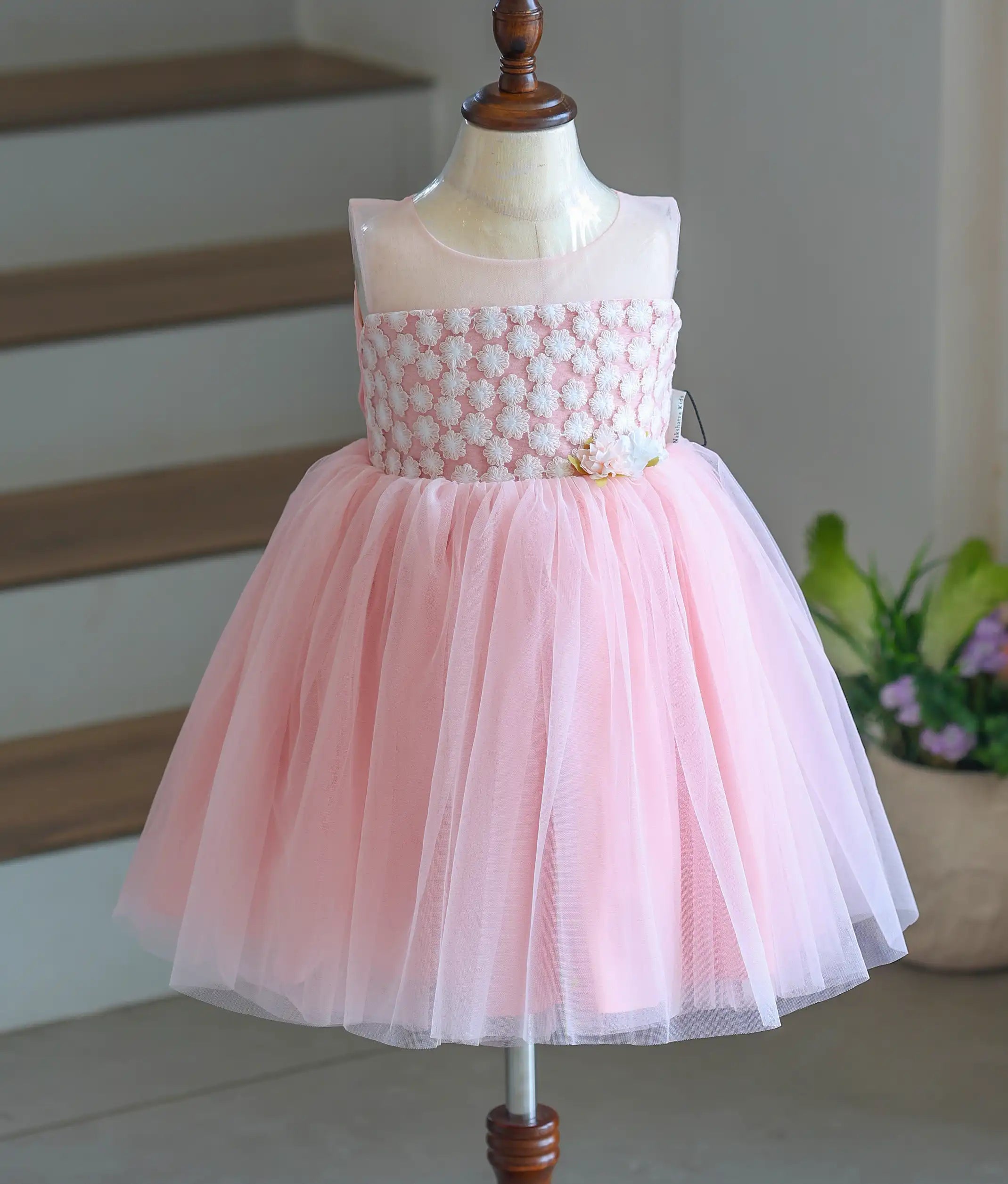 Powder Peach Tulle Net Embroidery Birthday Frock for Baby Girl [6269]