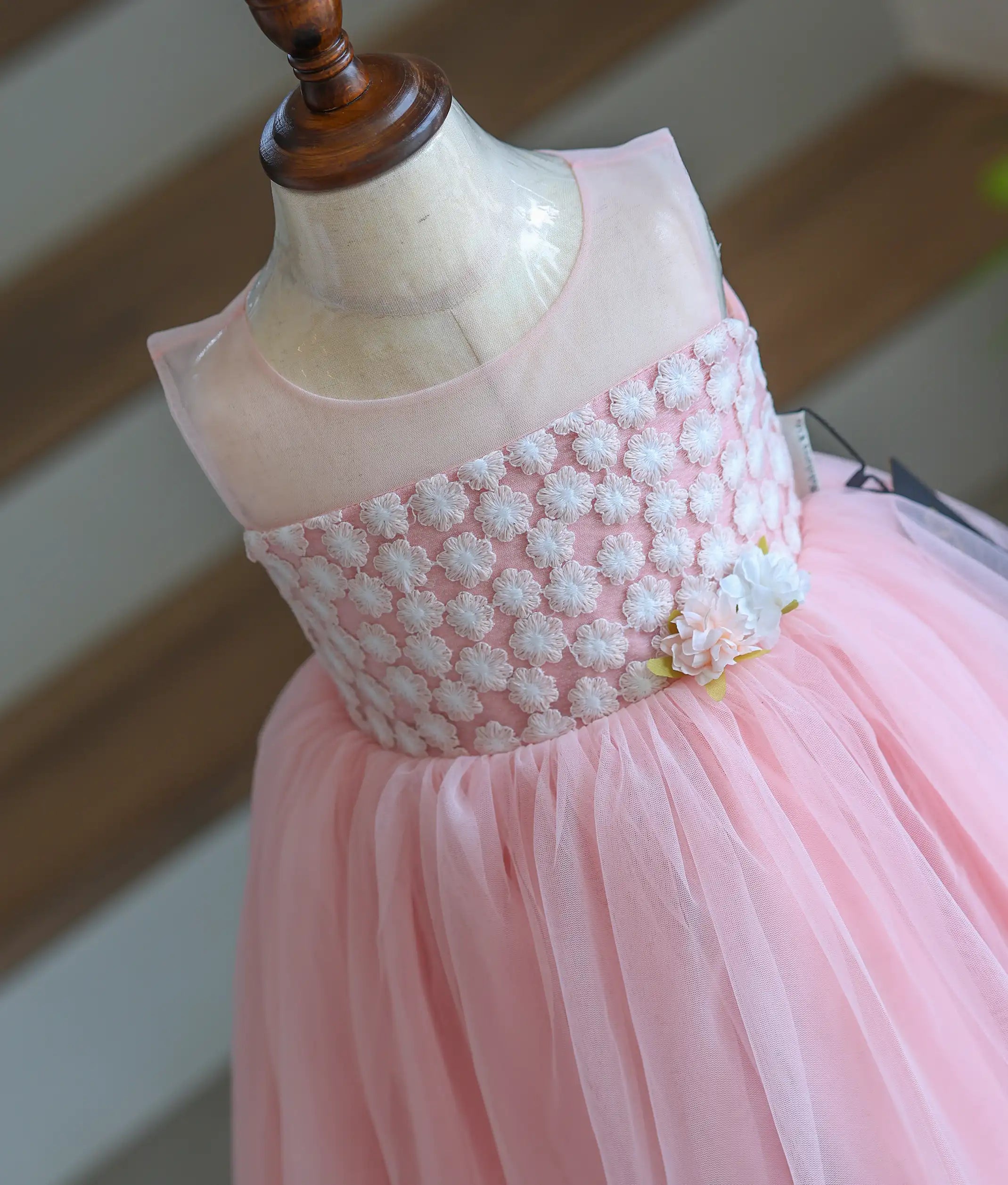 Powder Peach Tulle Net Embroidery Birthday Frock for Baby Girl [6269]