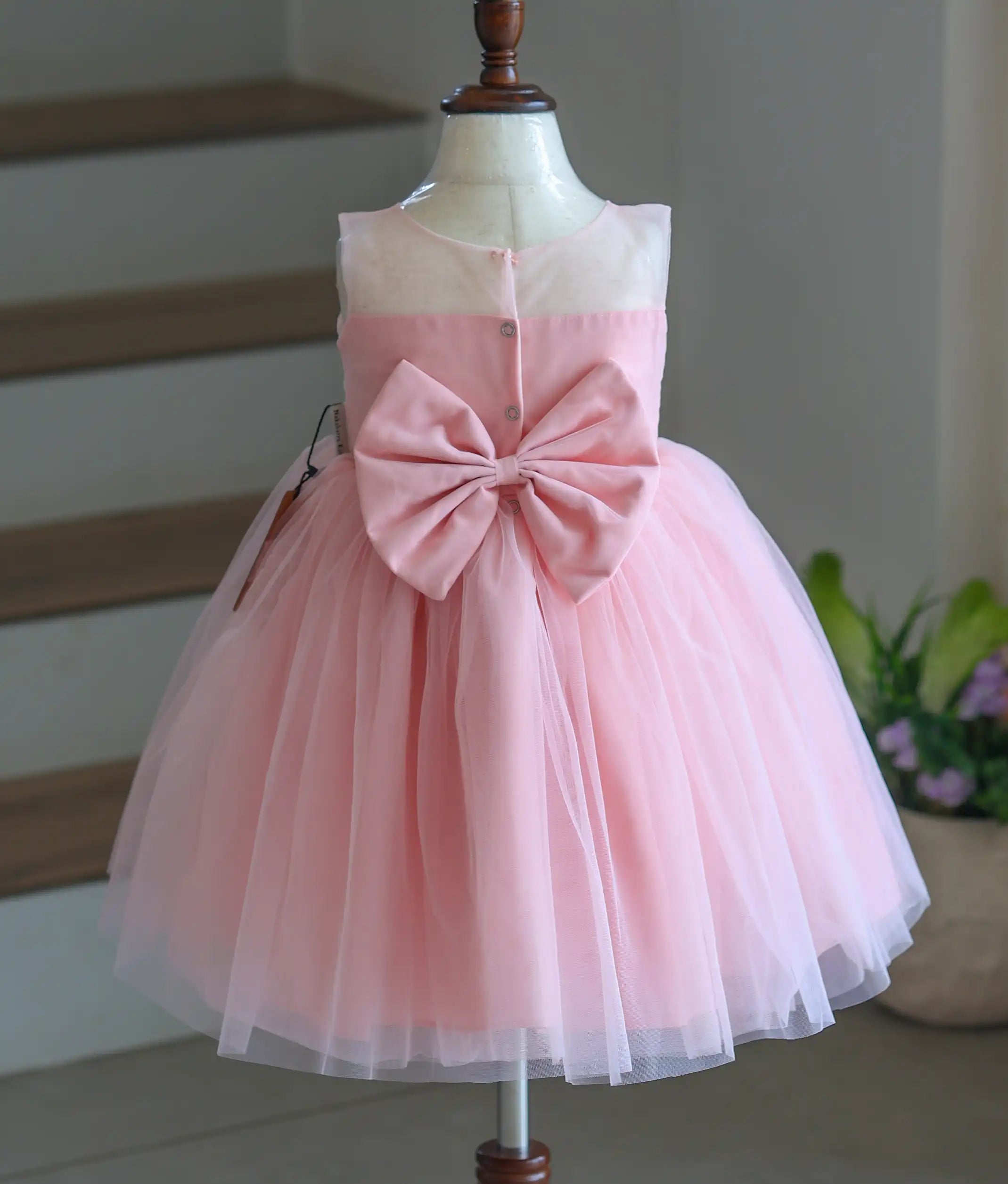 Powder Peach Tulle Net Embroidery Birthday Frock for Baby Girl [6269]