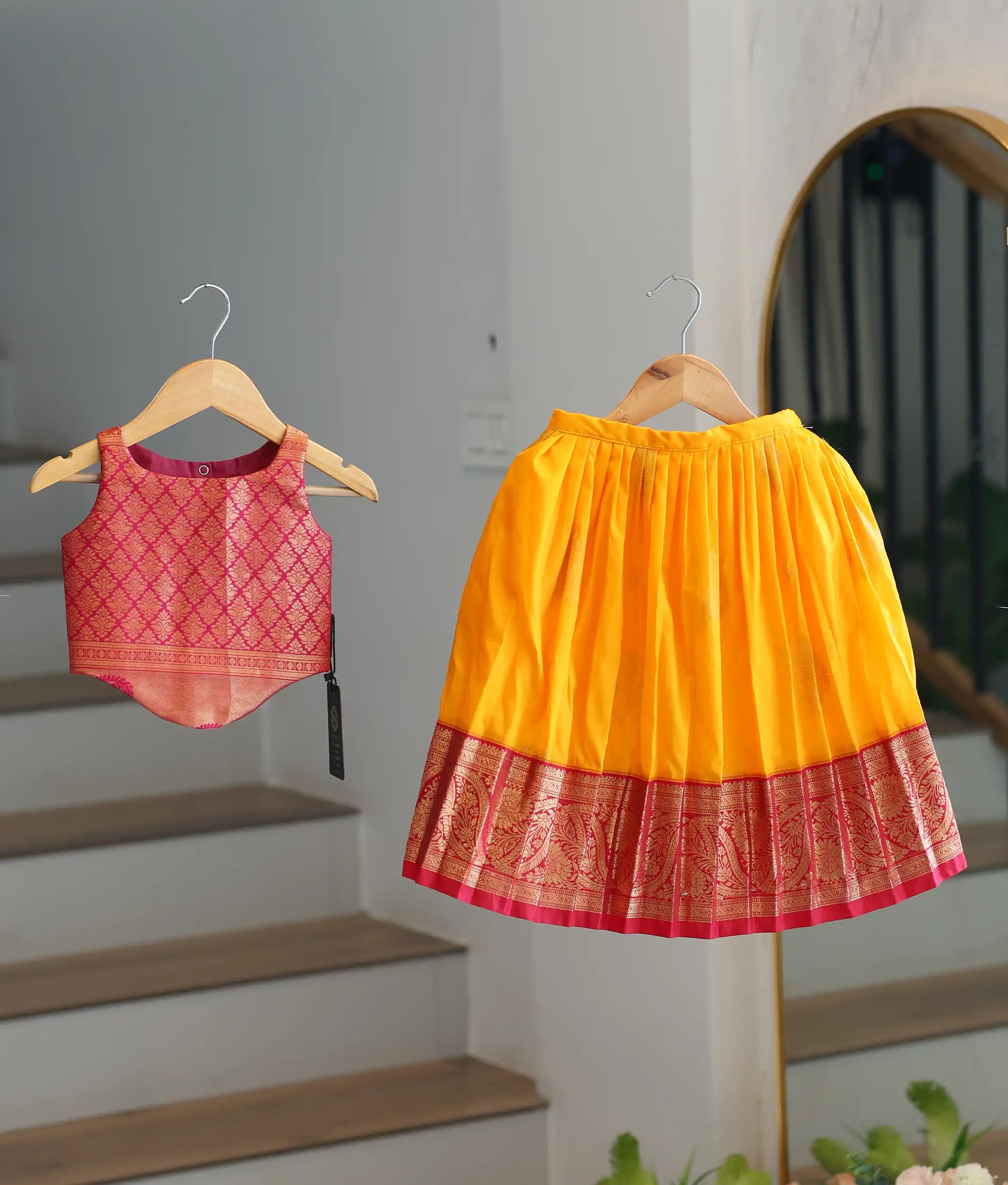 Yellow and Red Kanchipuram Silk Skirt and Top for Baby Girl [6271]