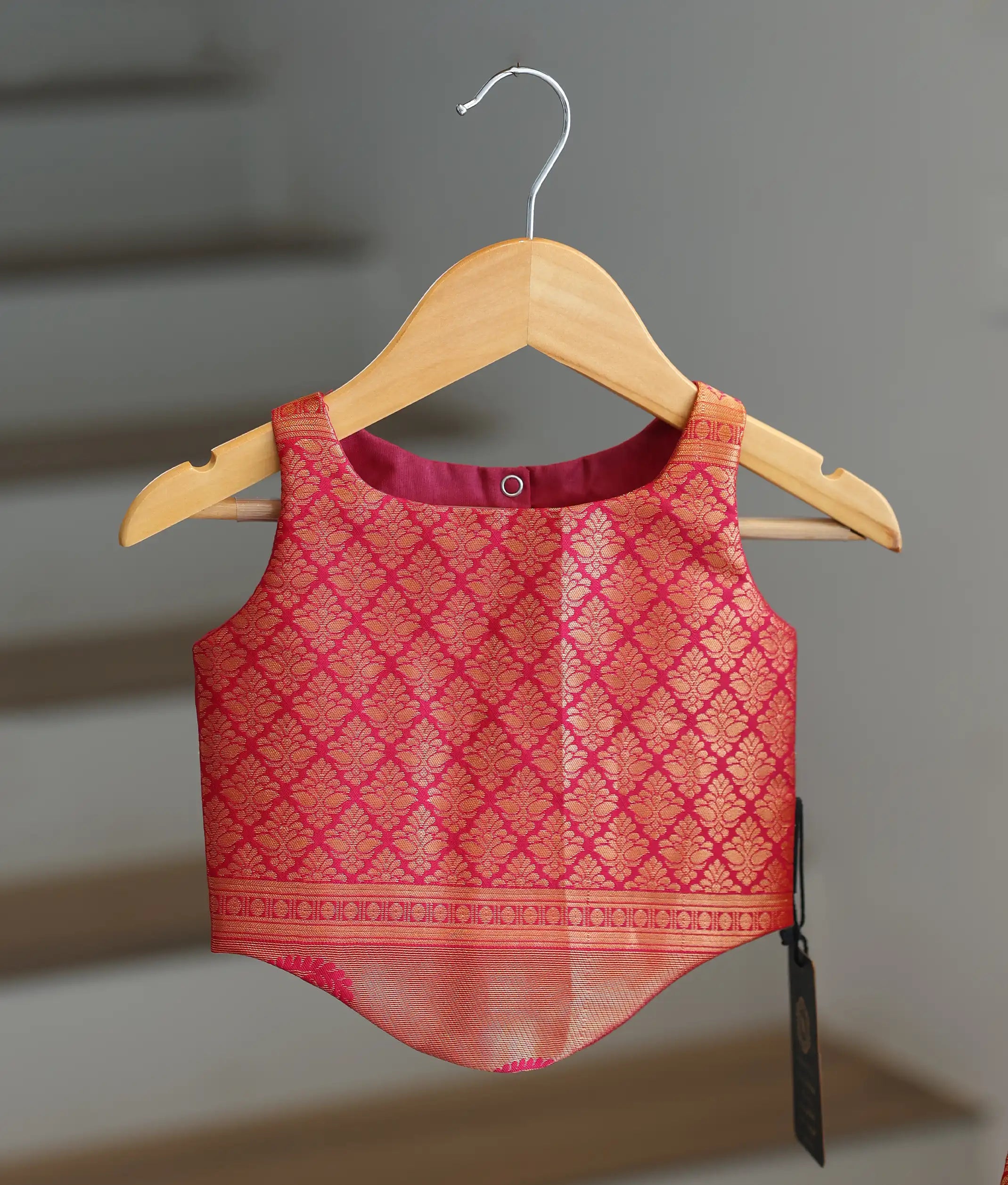 Yellow and Red Kanchipuram Silk Skirt and Top for Baby Girl [6271]