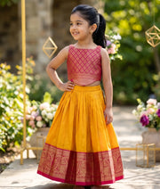 Yellow and Red Kanchipuram Silk Skirt and Top for Baby Girl [6271]