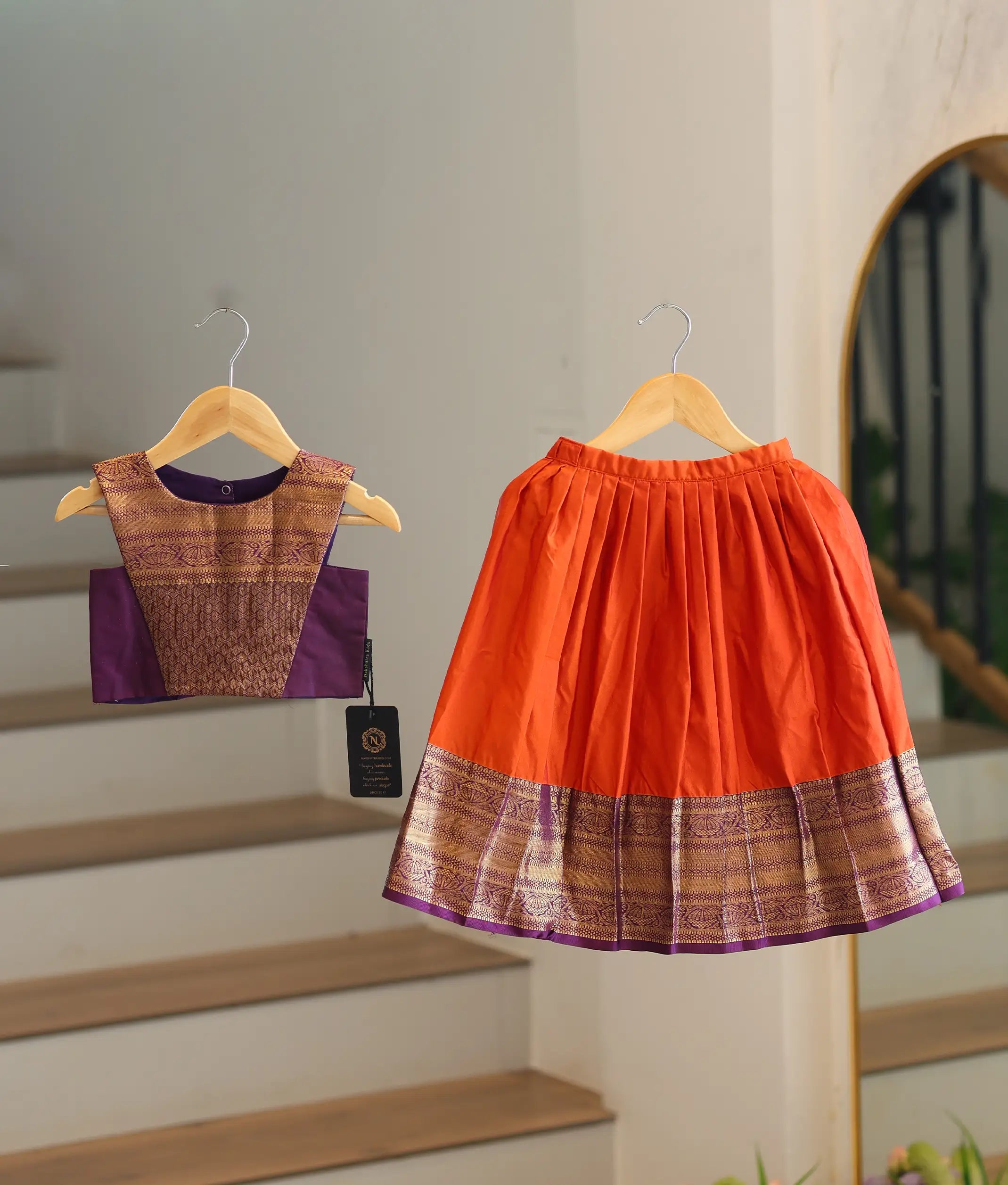 Orange and Violet Kanchipuram Silk Skirt and Top for Baby Girl [6272A]