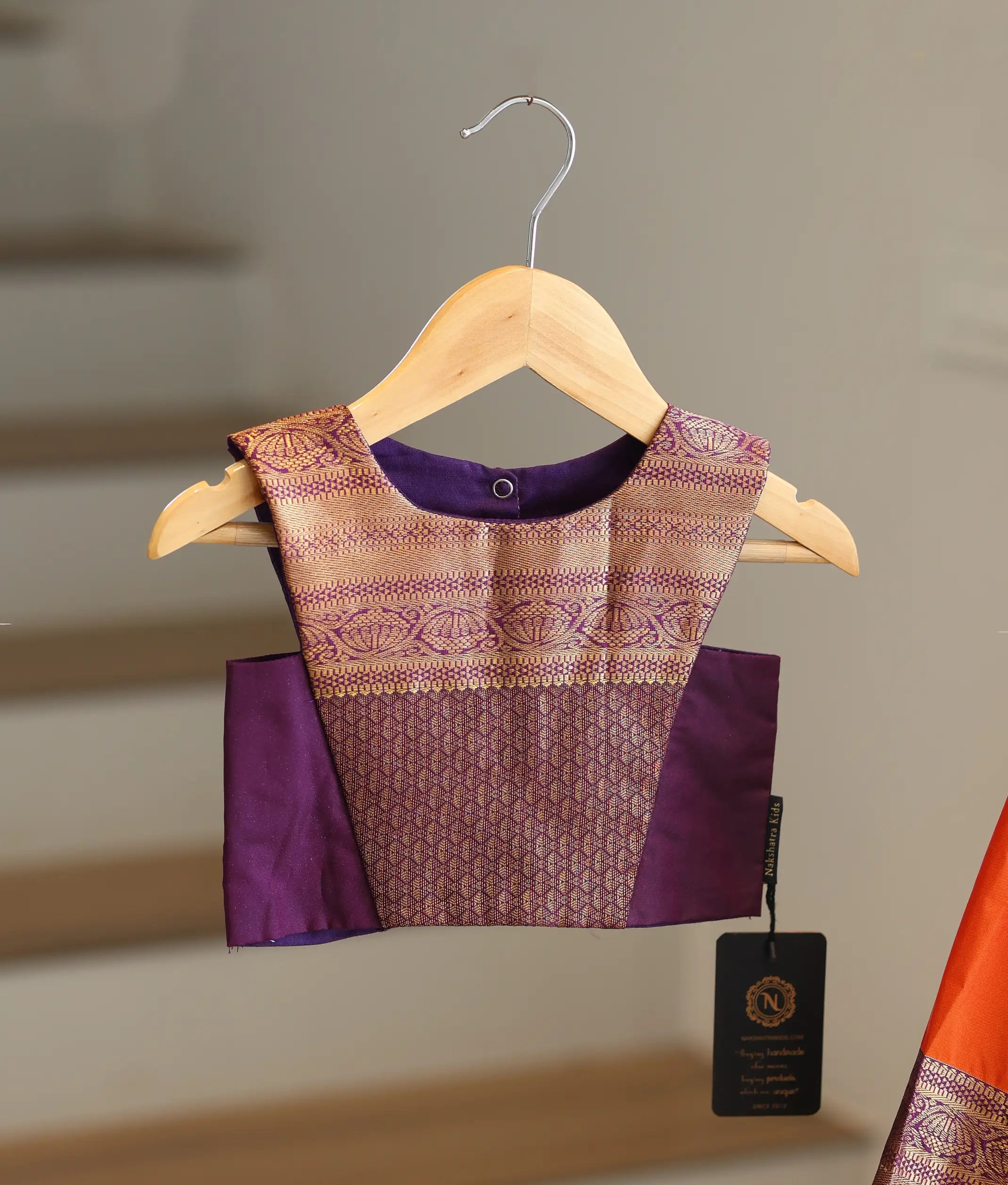 Orange and Violet Kanchipuram Silk Skirt and Top for Baby Girl [6272A]