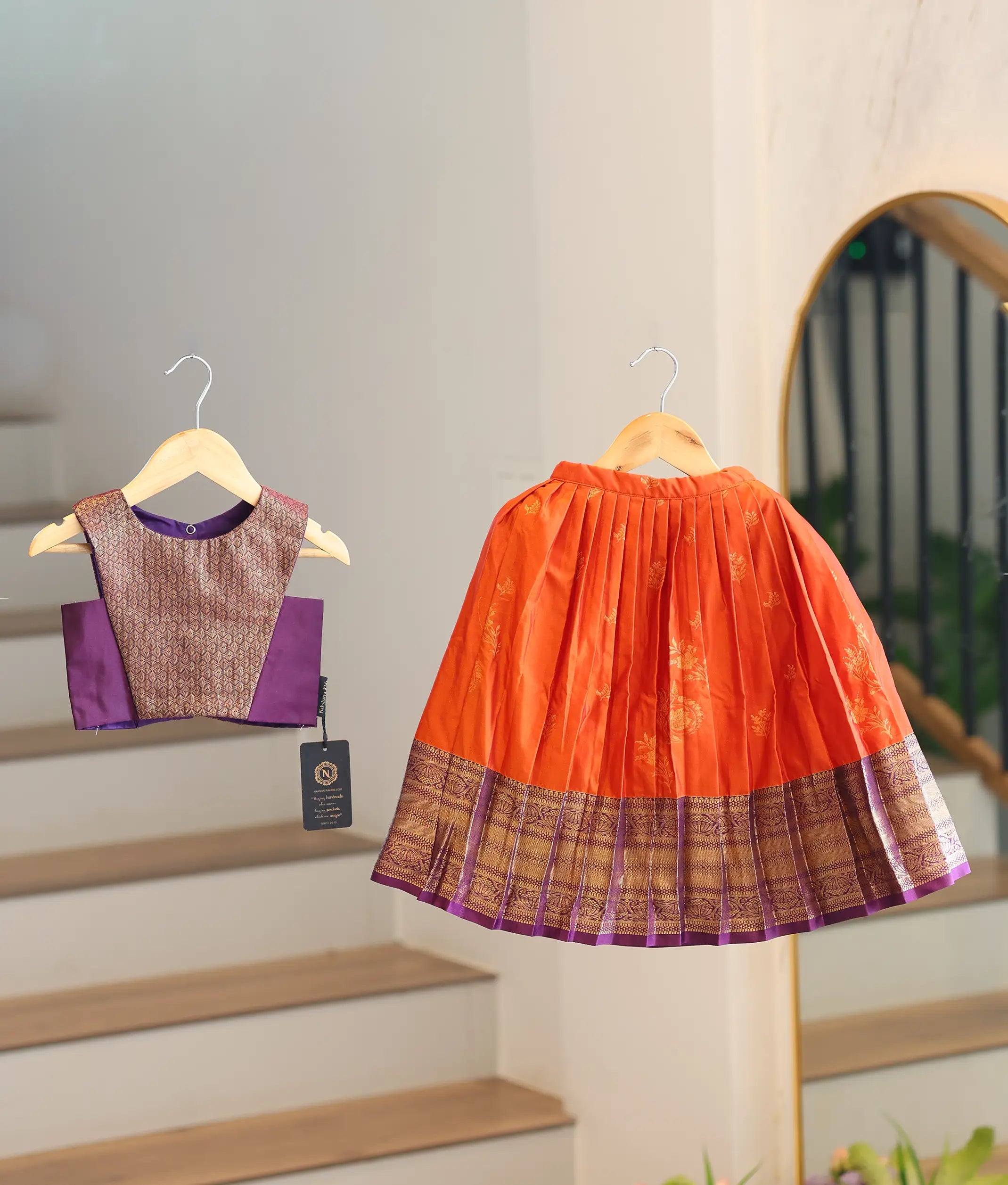 Orange and Violet Kanchipuram Silk Skirt and Top for Baby Girl [6272]