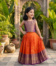 Orange and Violet Kanchipuram Silk Skirt and Top for Baby Girl [6272]
