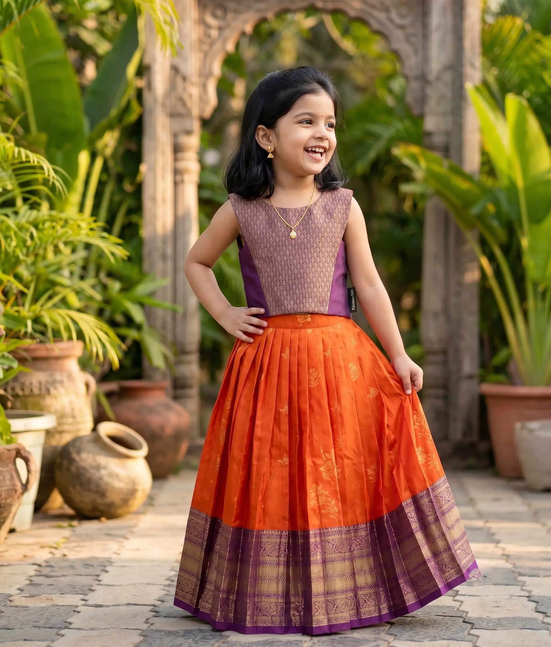 Orange and Violet Kanchipuram Silk Skirt and Top for Baby Girl [6272]