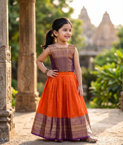Orange and Violet Kanchipuram Silk Skirt and Top for Baby Girl [6272A]