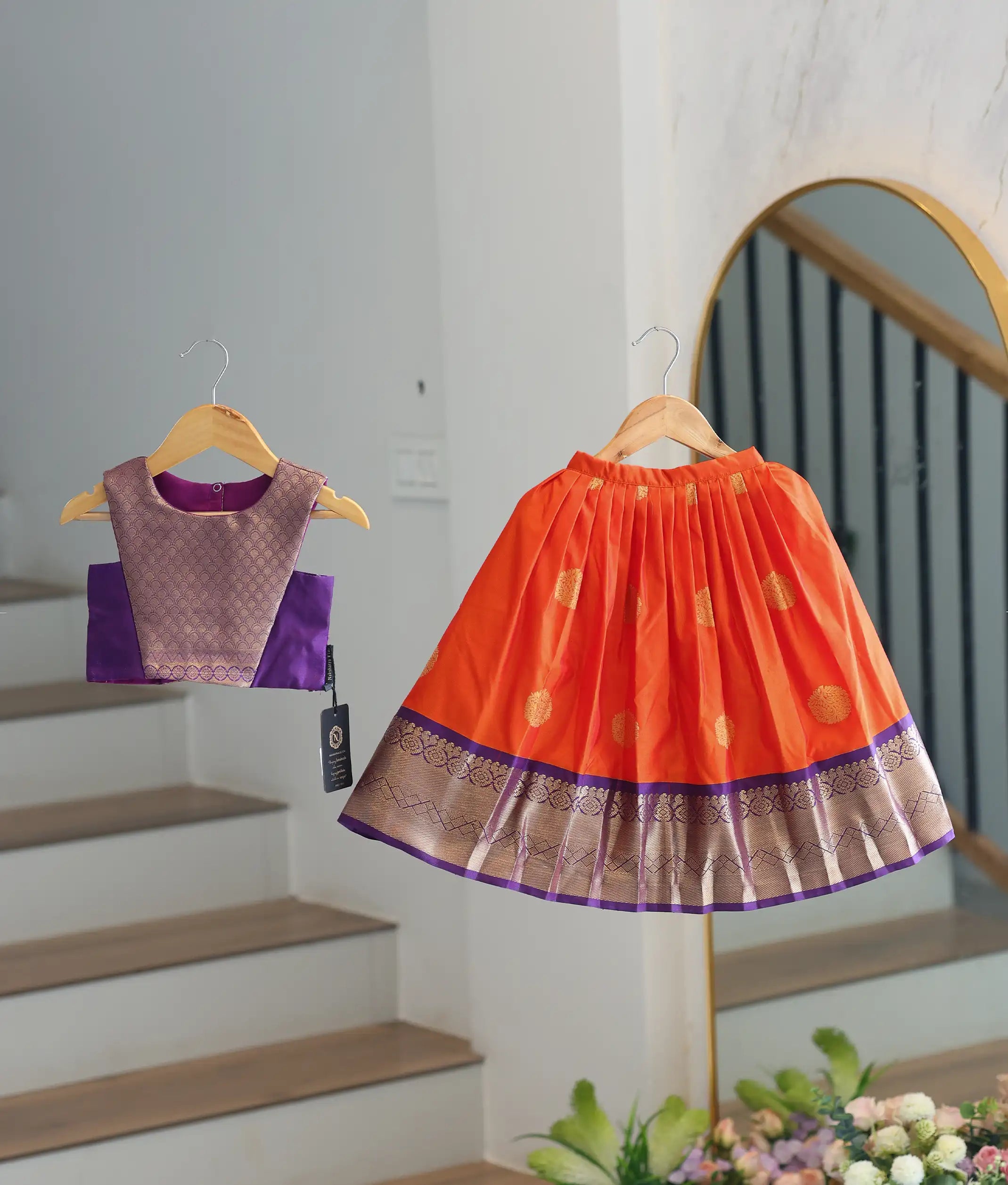Orange And Violet Kanchipuram Silk Skirt and Top for Baby Girl [6273]
