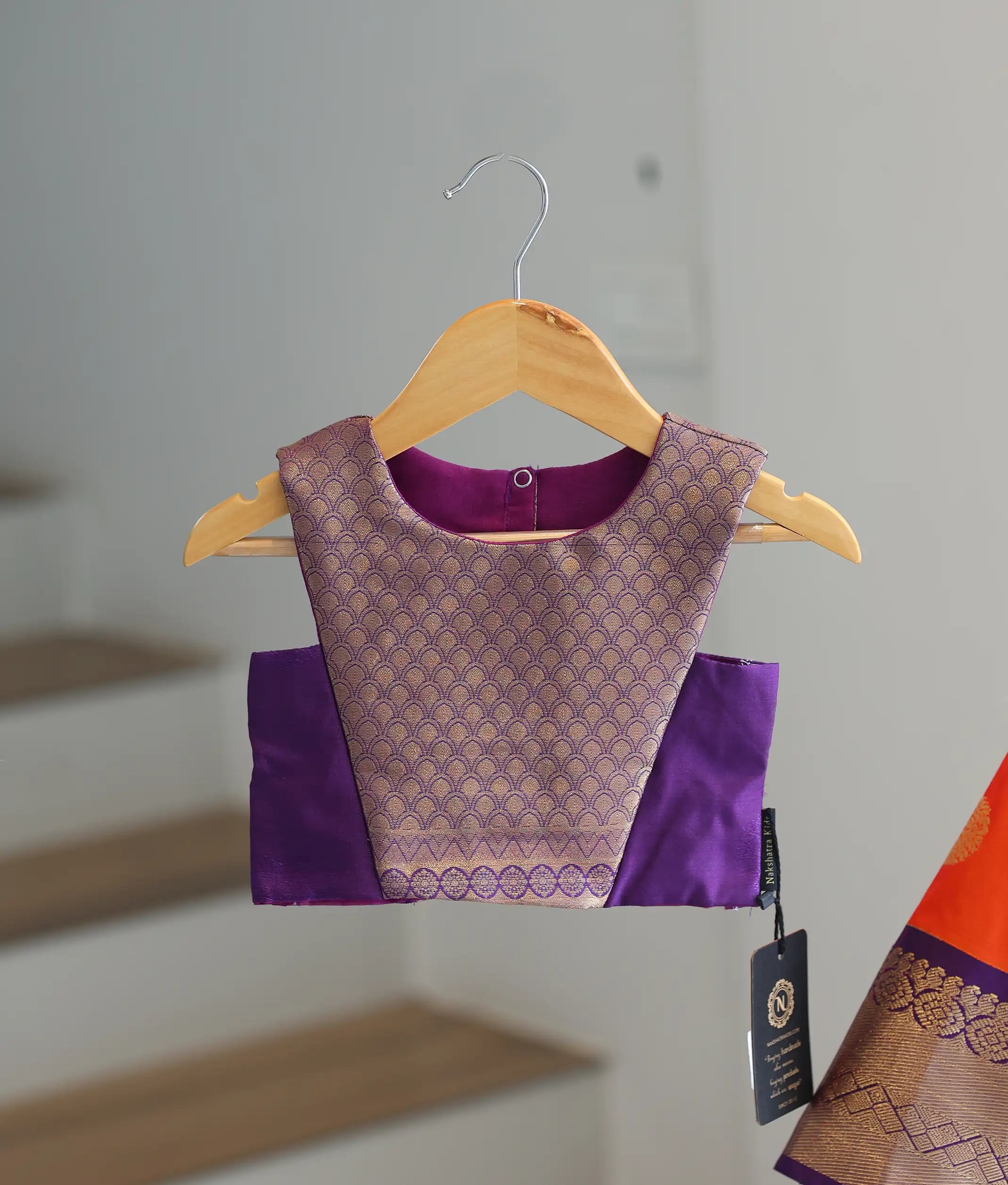 Orange And Violet Kanchipuram Silk Skirt and Top for Baby Girl [6273]