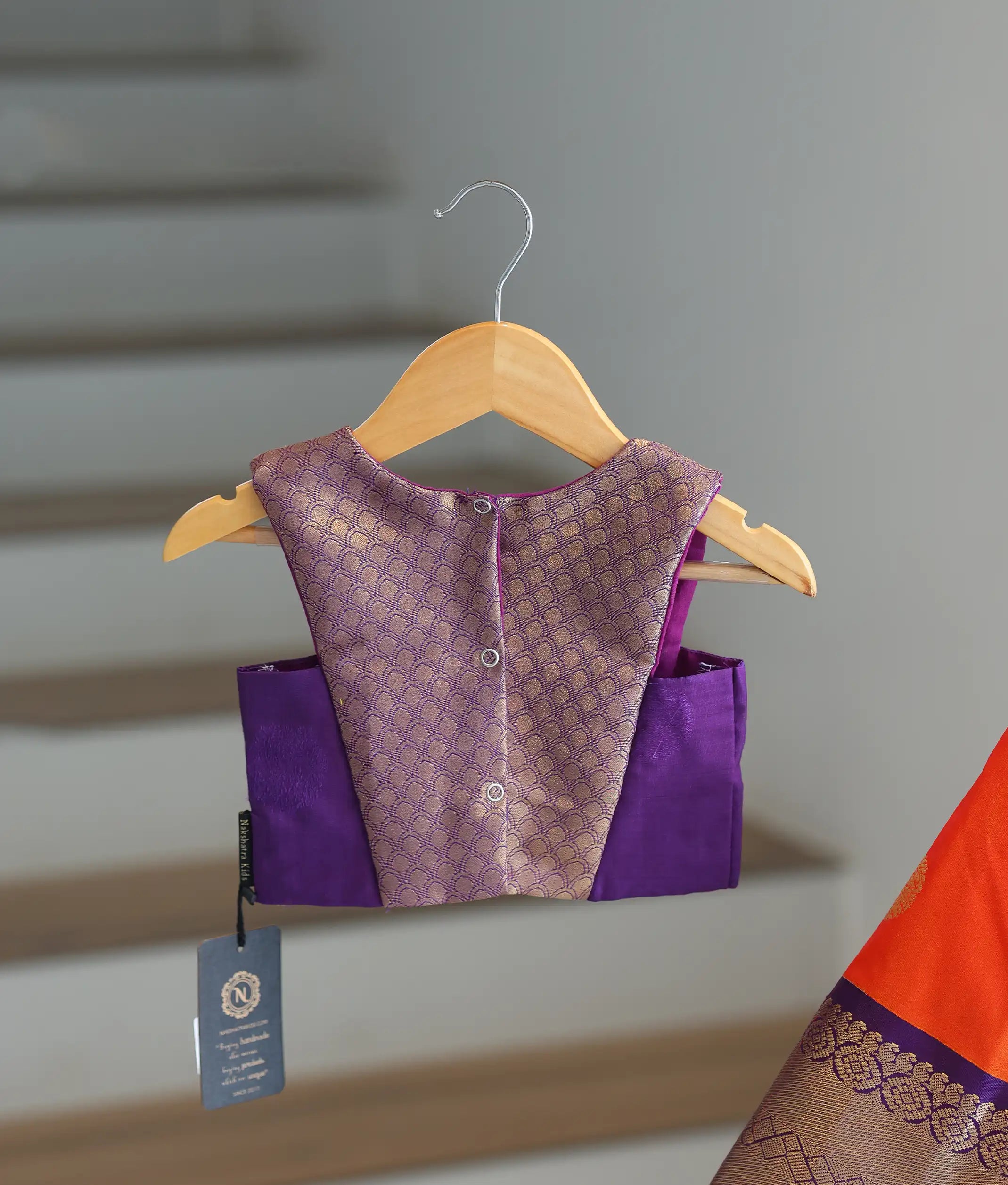 Orange And Violet Kanchipuram Silk Skirt and Top for Baby Girl [6273]