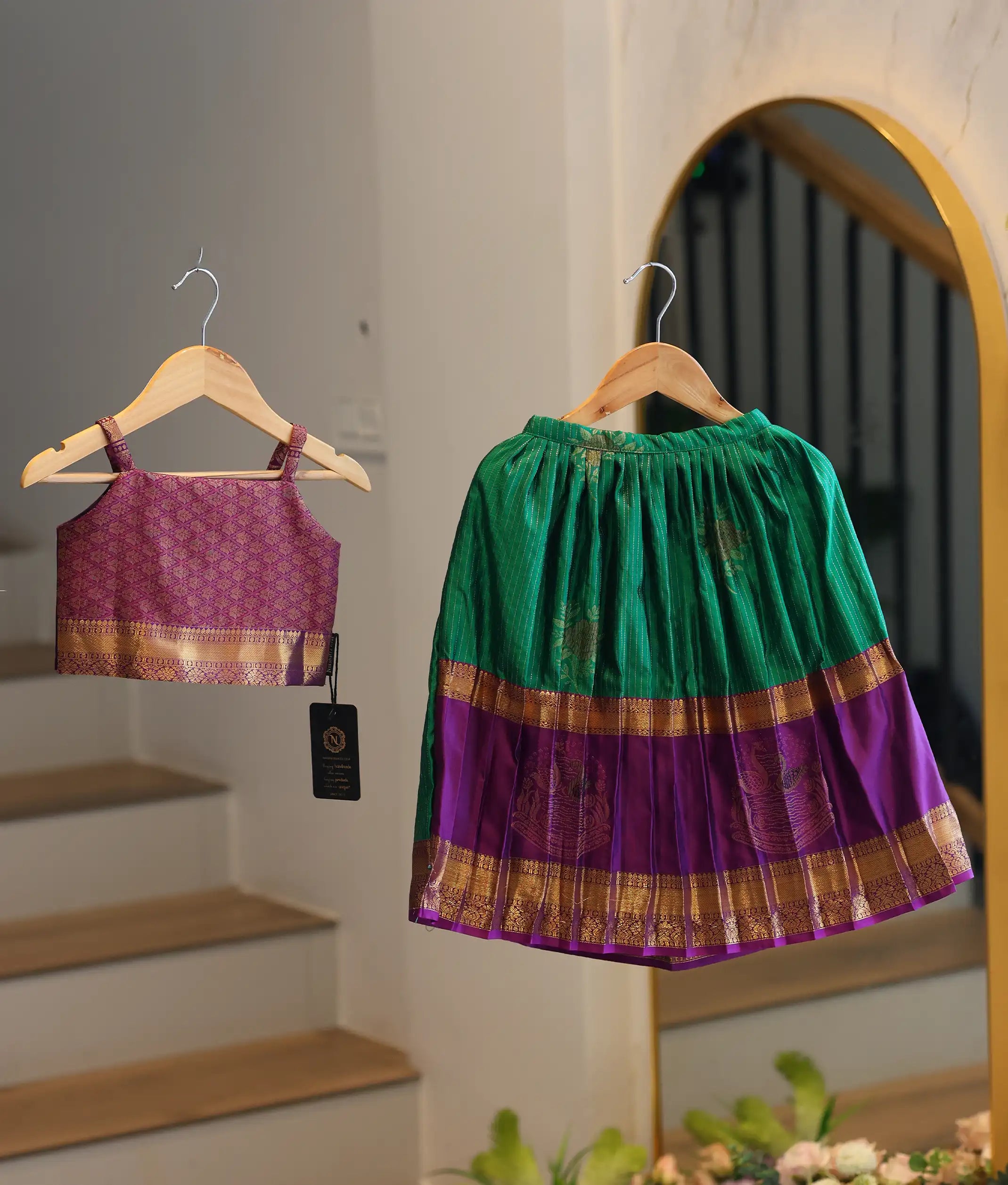 Green and Wine Kanchipuram Silk Skirt and Top for Baby Girl [6274]