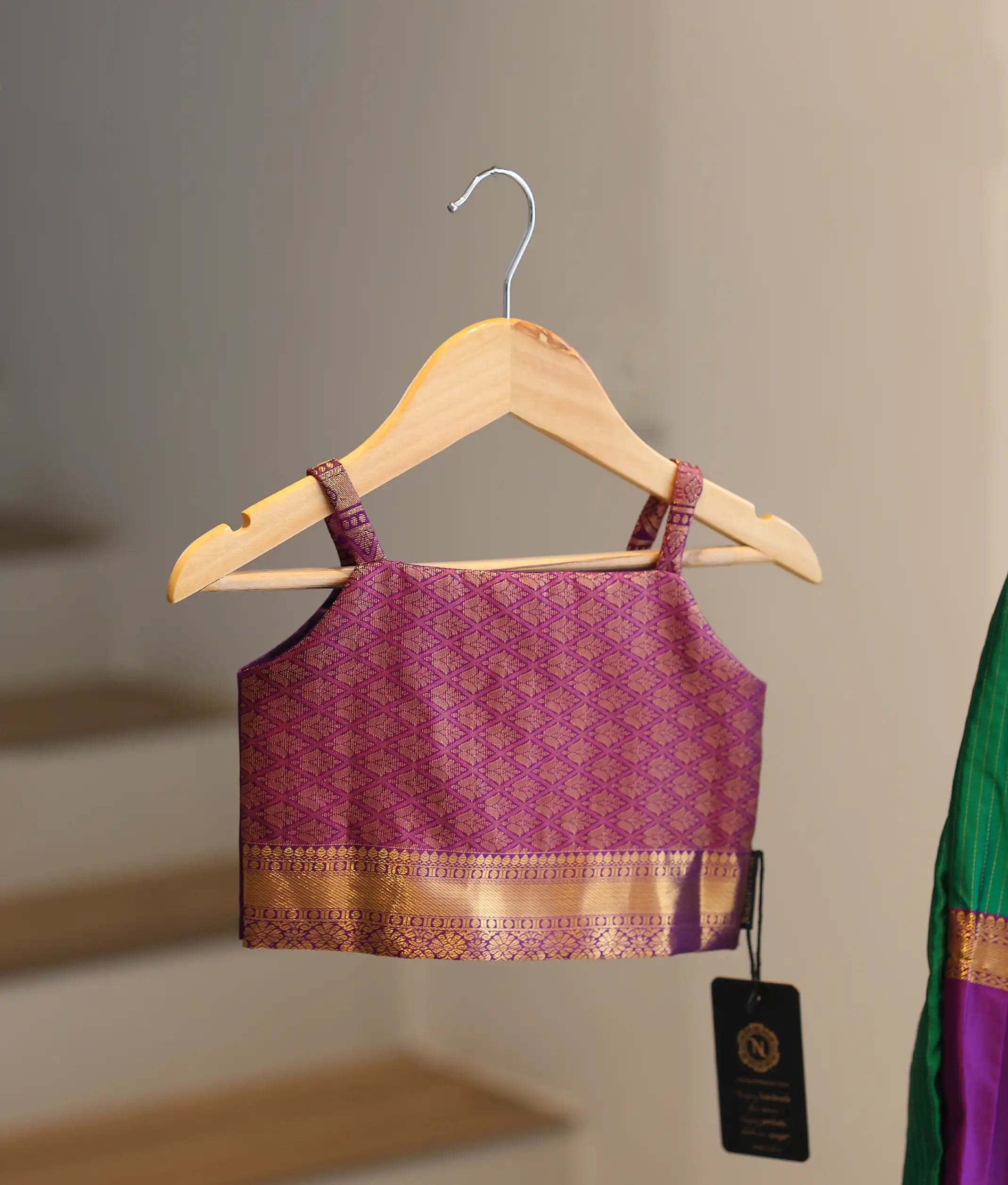 Green and Wine Kanchipuram Silk Skirt and Top for Baby Girl [6274]