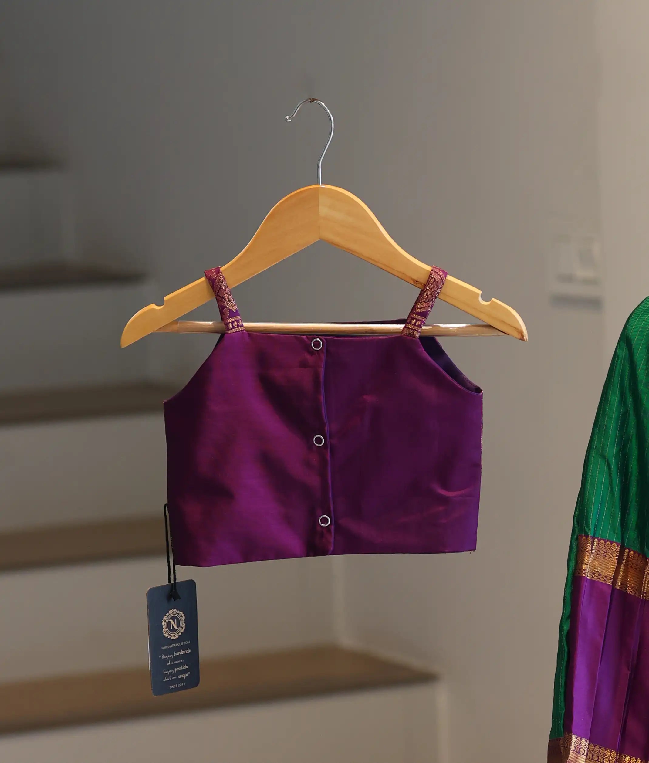 Green and Wine Kanchipuram Silk Skirt and Top for Baby Girl [6274]