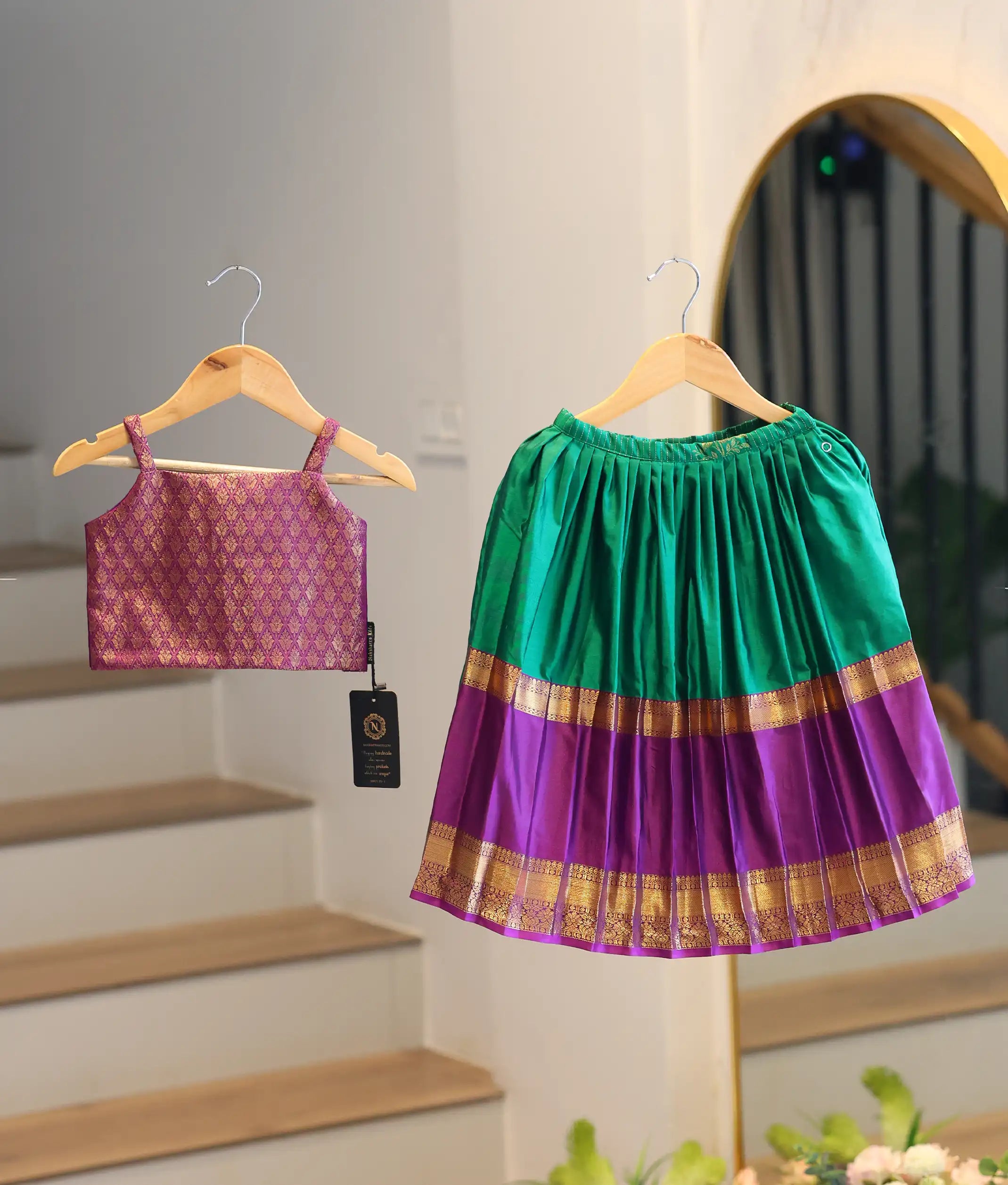 Green and Wine Kanchipuram Silk Skirt and Top for Baby Girl [6274A]