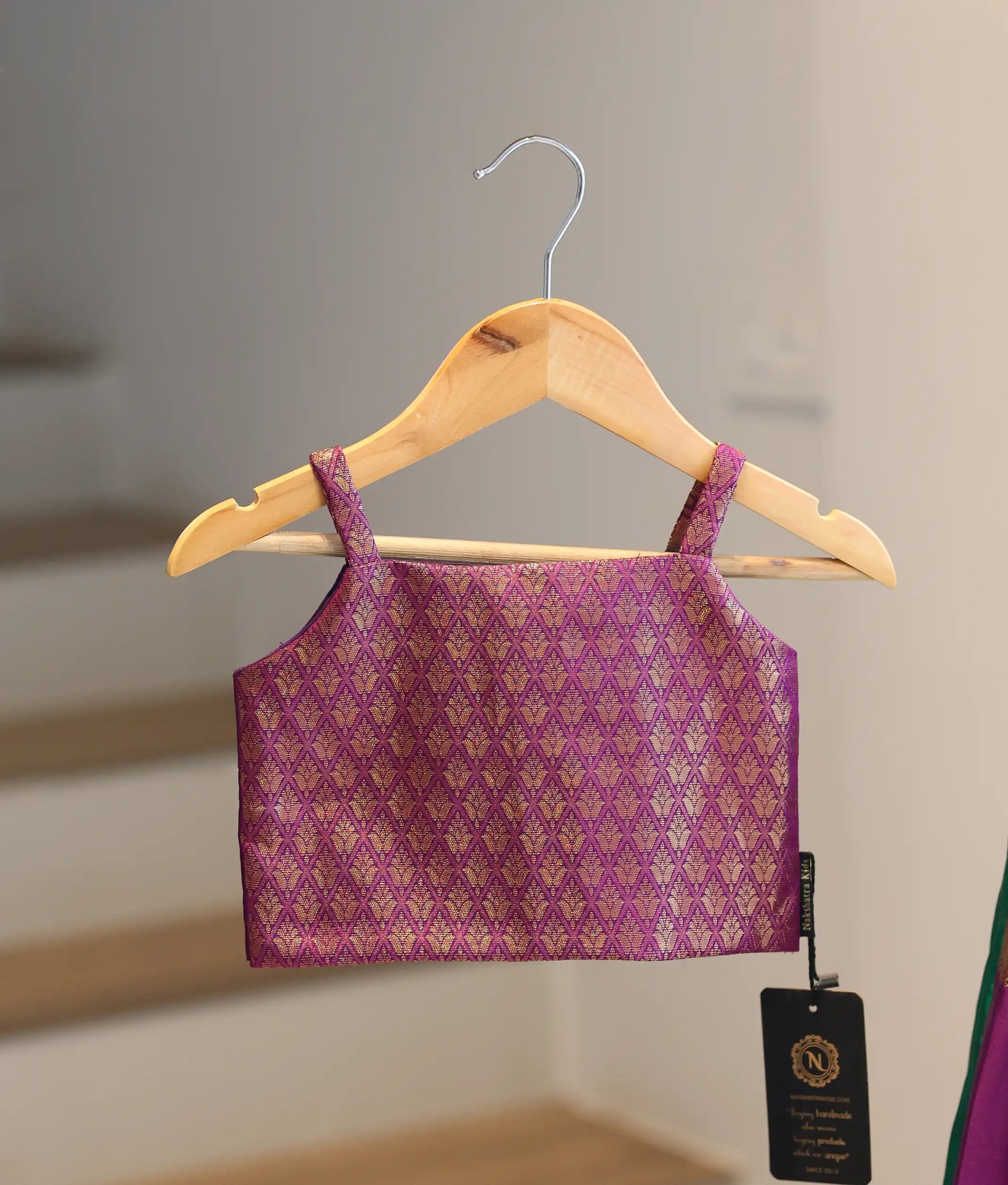 Green and Wine Kanchipuram Silk Skirt and Top for Baby Girl [6274A]